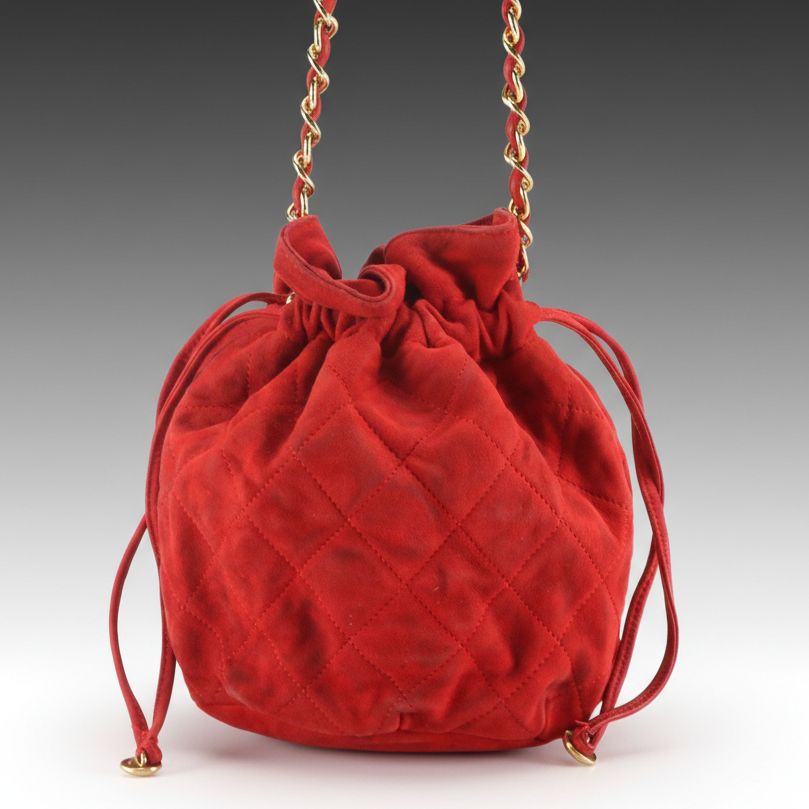 Chanel Quilted Red Suede Mini Drawstring Bucket Bag