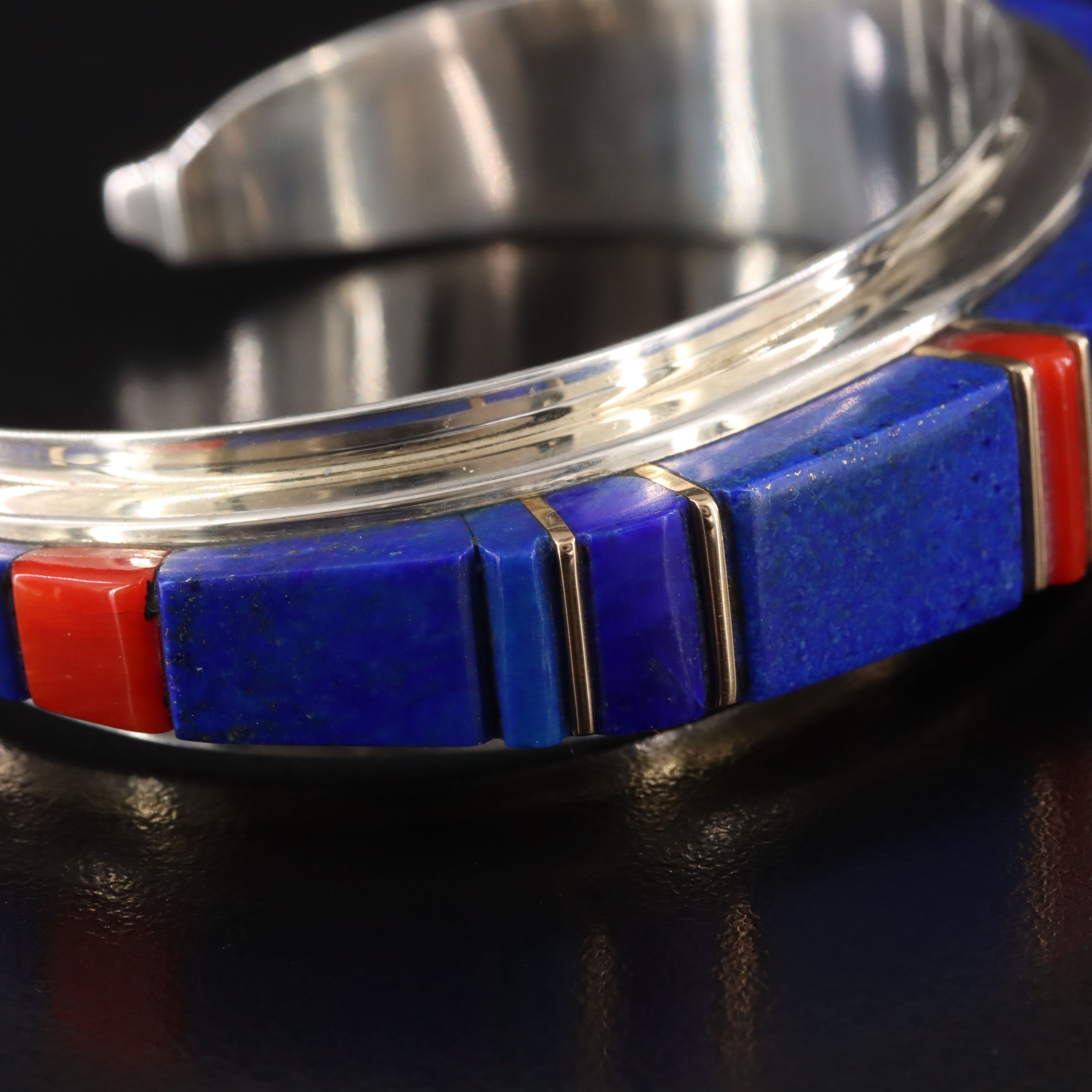 Charles Loloma Hopi Sterling Stacked Lapis Lazuli and Coral Inlay Cuff Bracelet