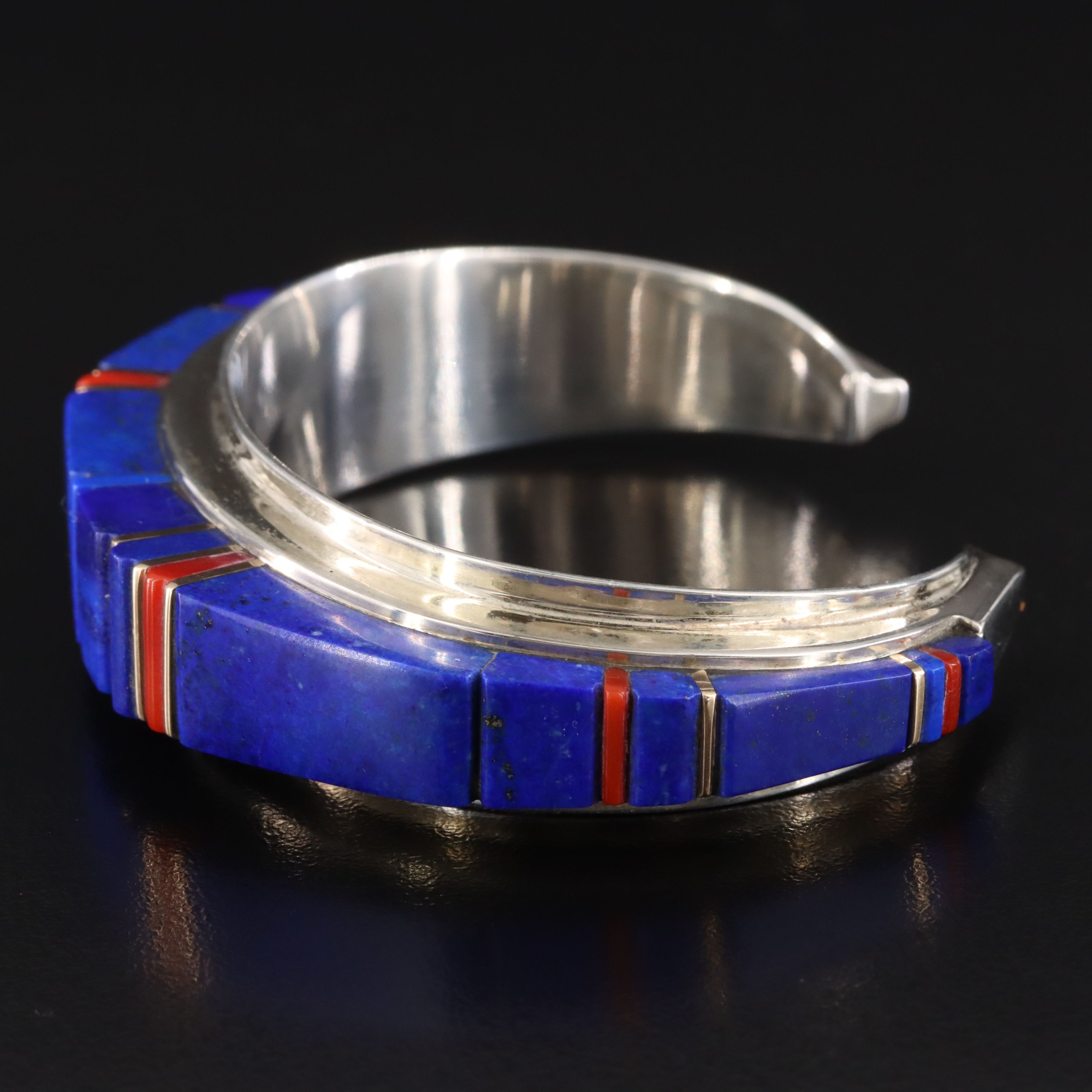 Charles Loloma Hopi Sterling Stacked Lapis Lazuli and Coral Inlay Cuff Bracelet