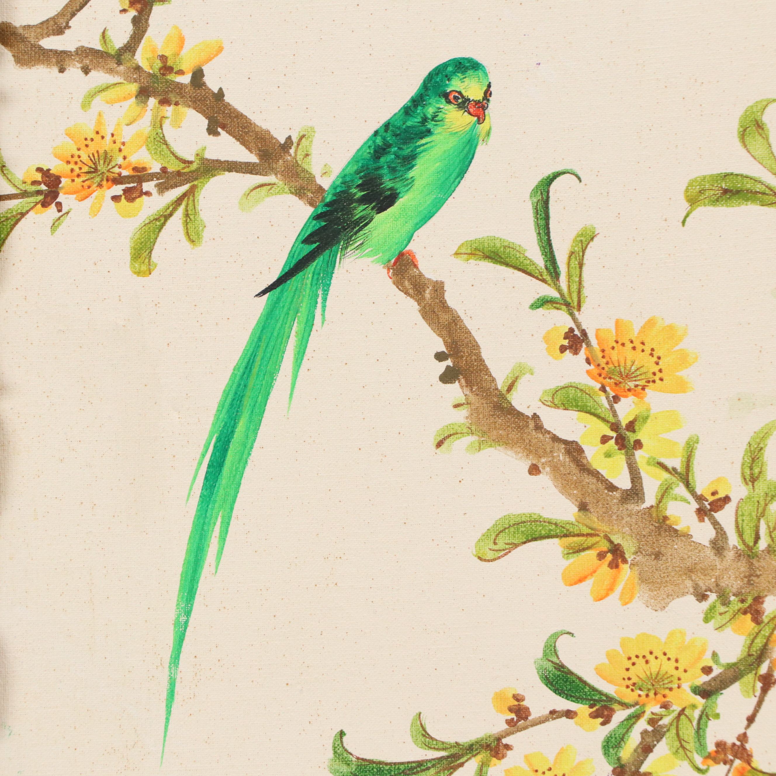 East Asian Acrylic Painting of Green Bird