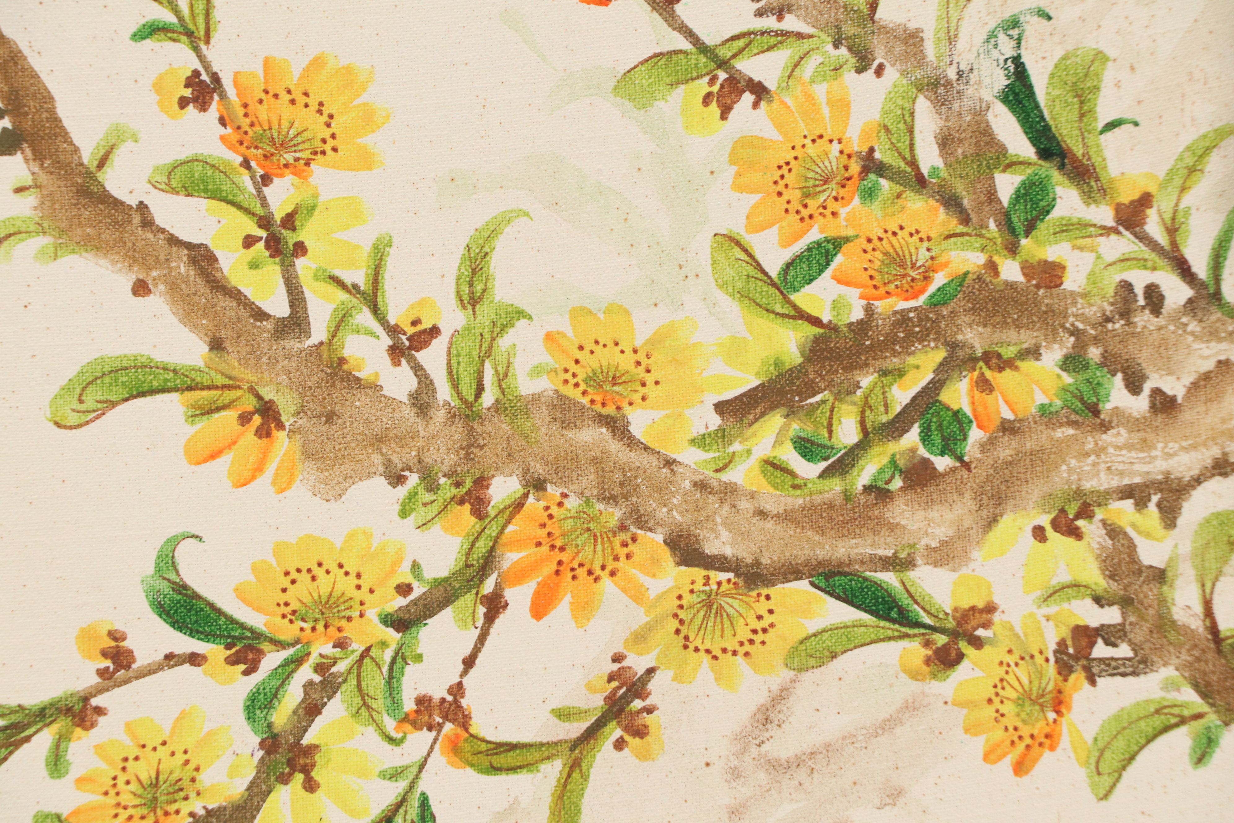 East Asian Acrylic Painting of Green Bird