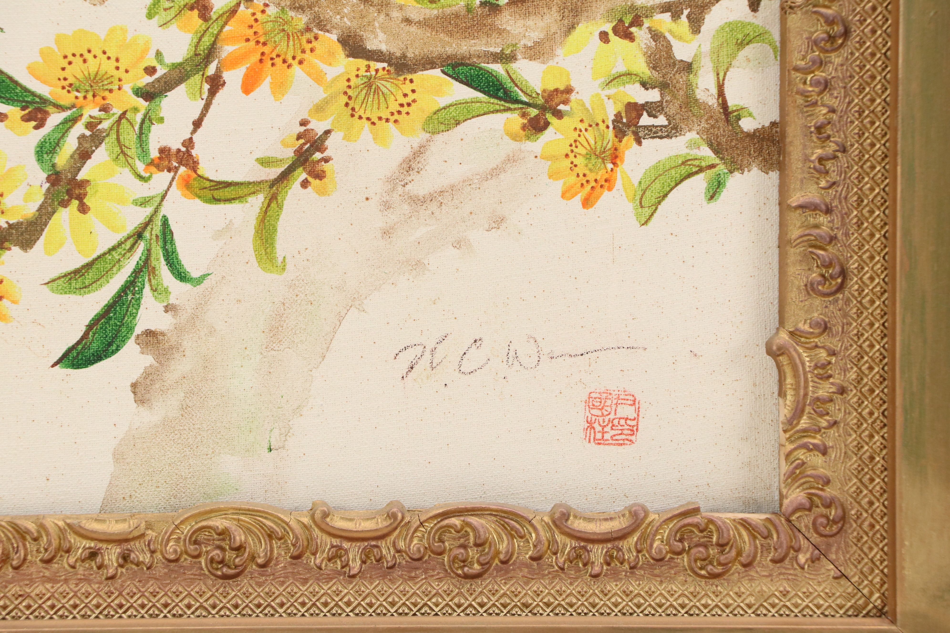 East Asian Acrylic Painting of Green Bird