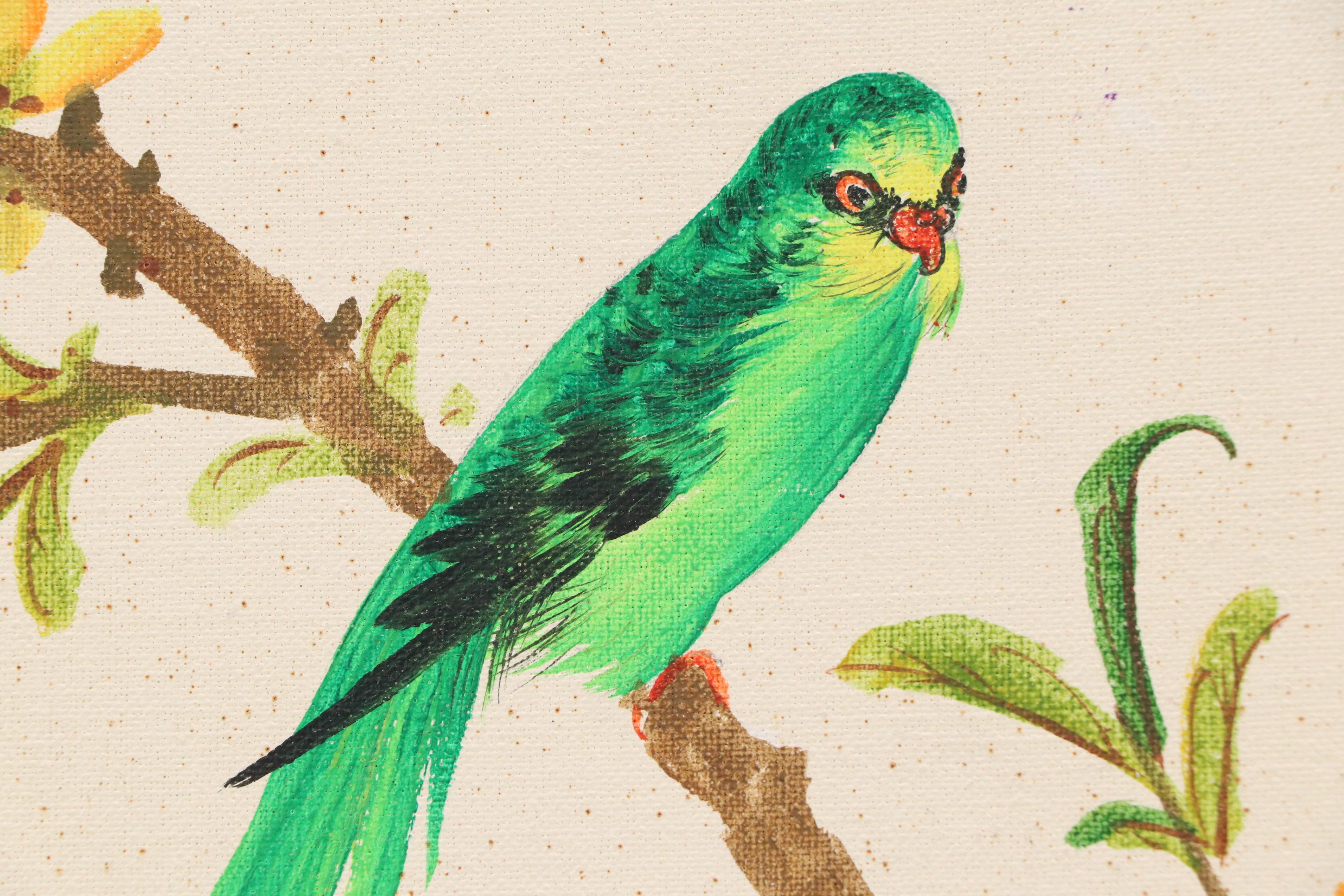 East Asian Acrylic Painting of Green Bird