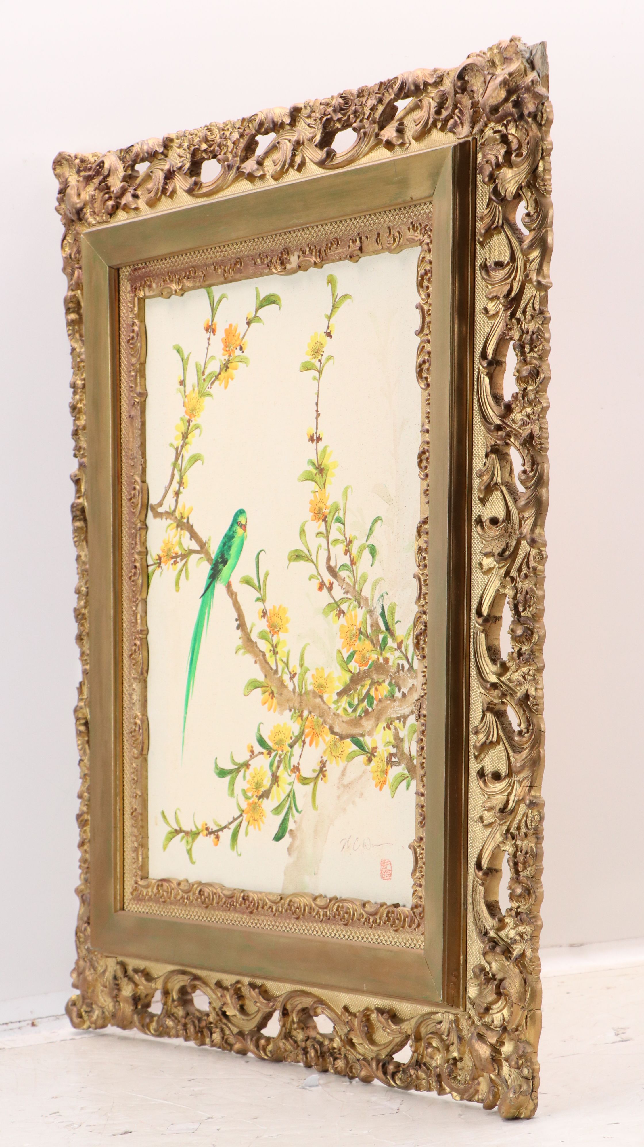 East Asian Acrylic Painting of Green Bird