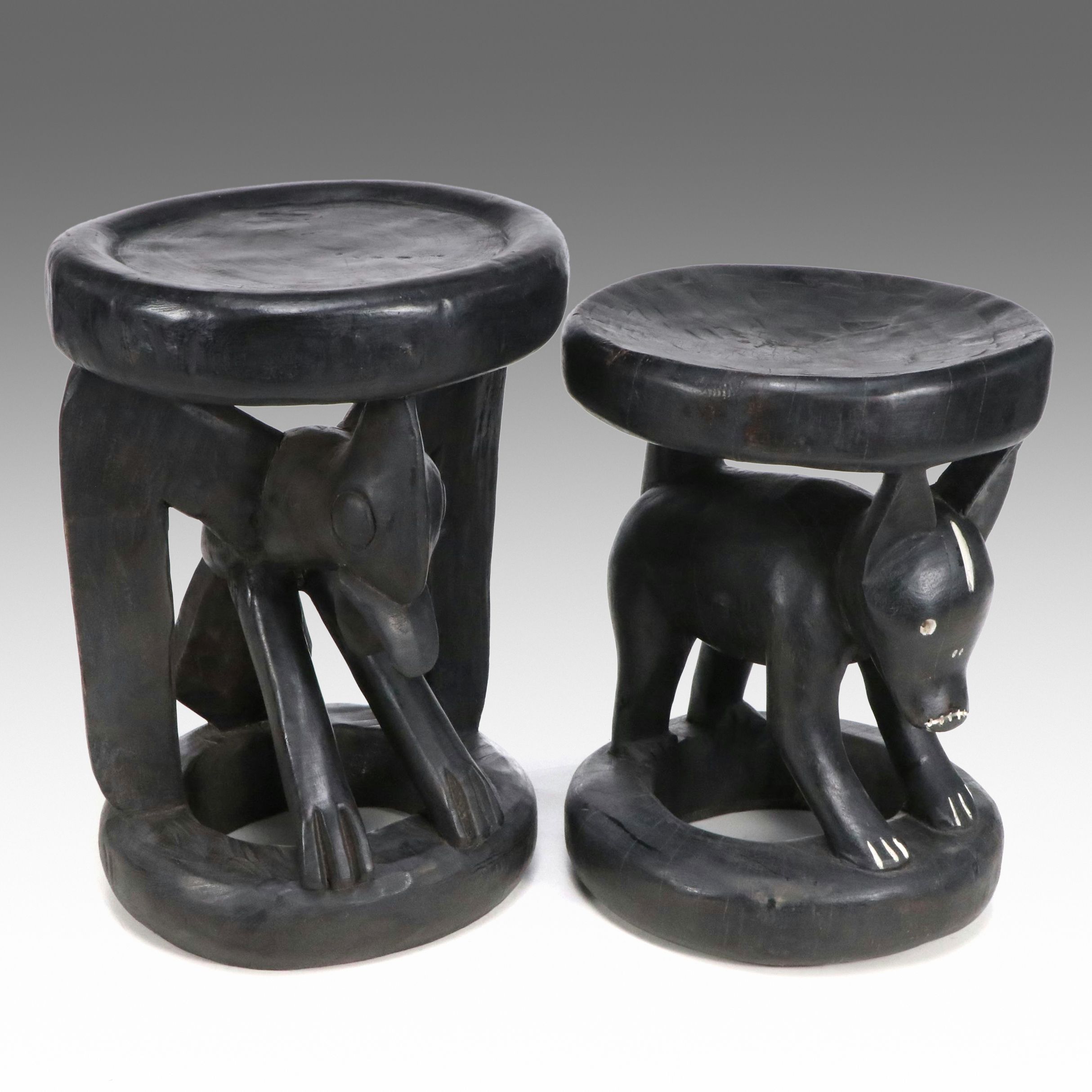 Pair of Cameroon Bamileke Hand-Carved Ebonized Stools