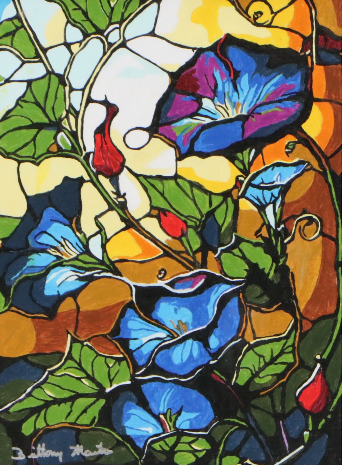Brittony Martin Acrylic Painting of Stained Glass Morning Glories, Circa 2026