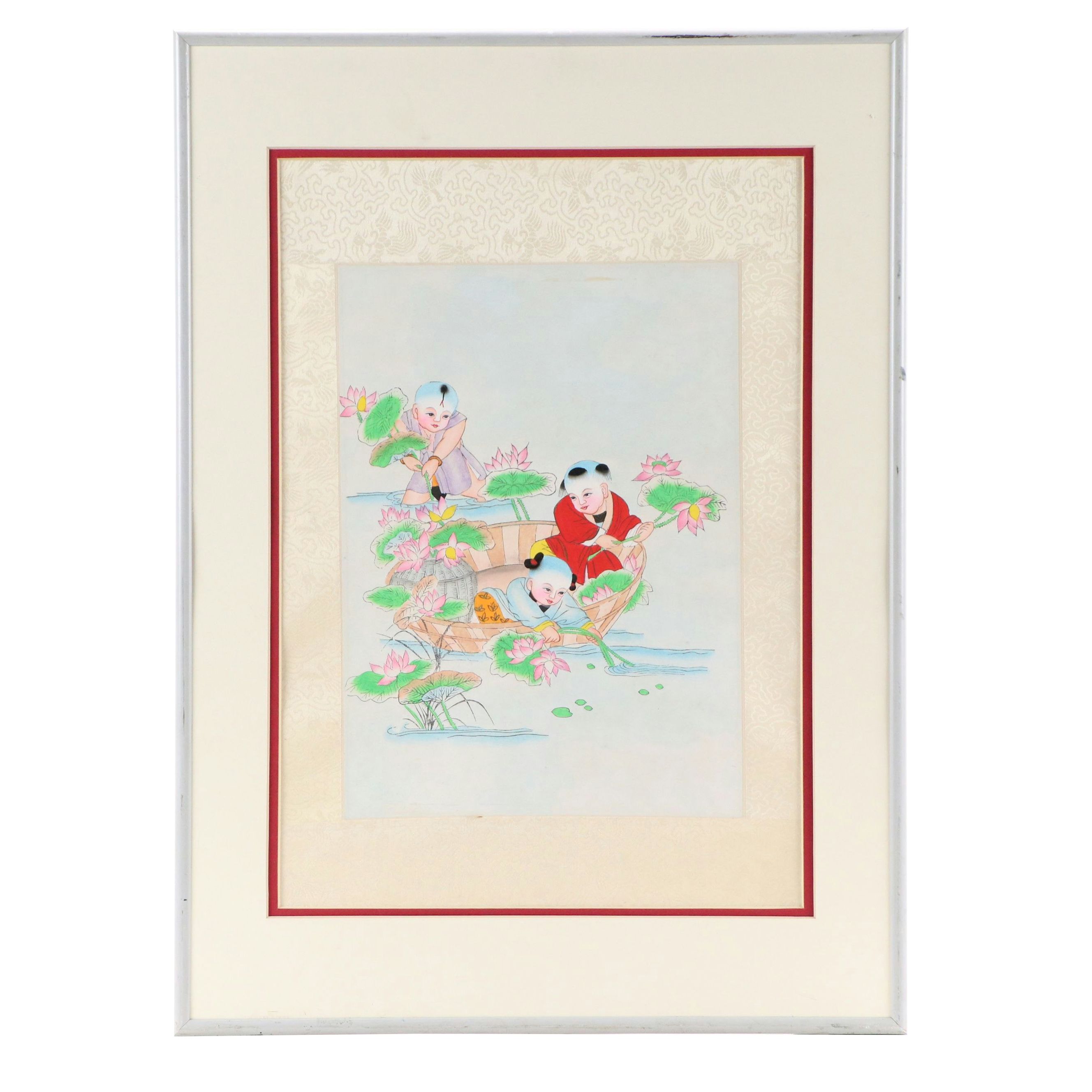 Chinese Hand-Colored Lithograph of Children Pulling Water Lilies, Mid-20th C.