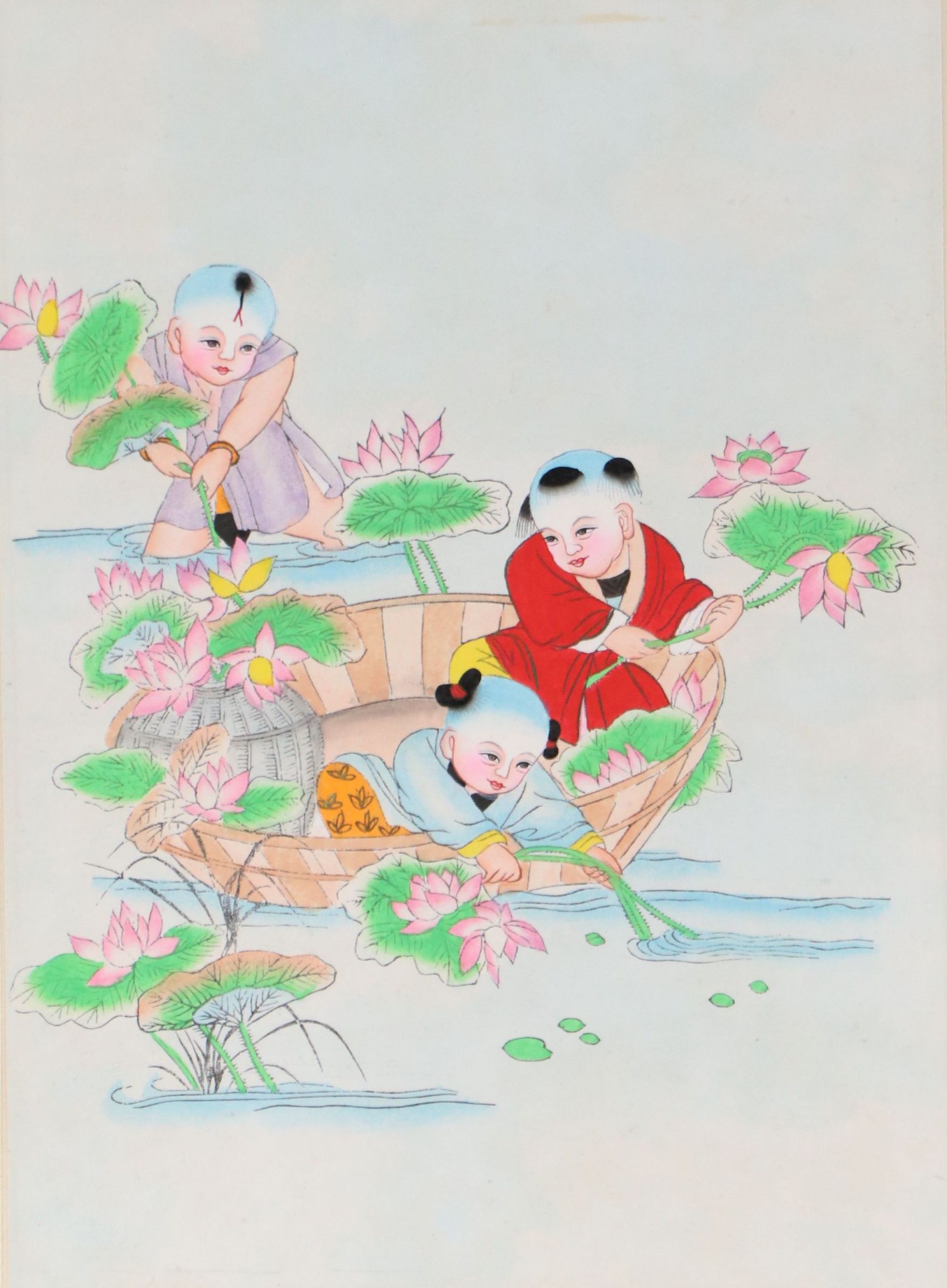 Chinese Hand-Colored Lithograph of Children Pulling Water Lilies, Mid-20th C.