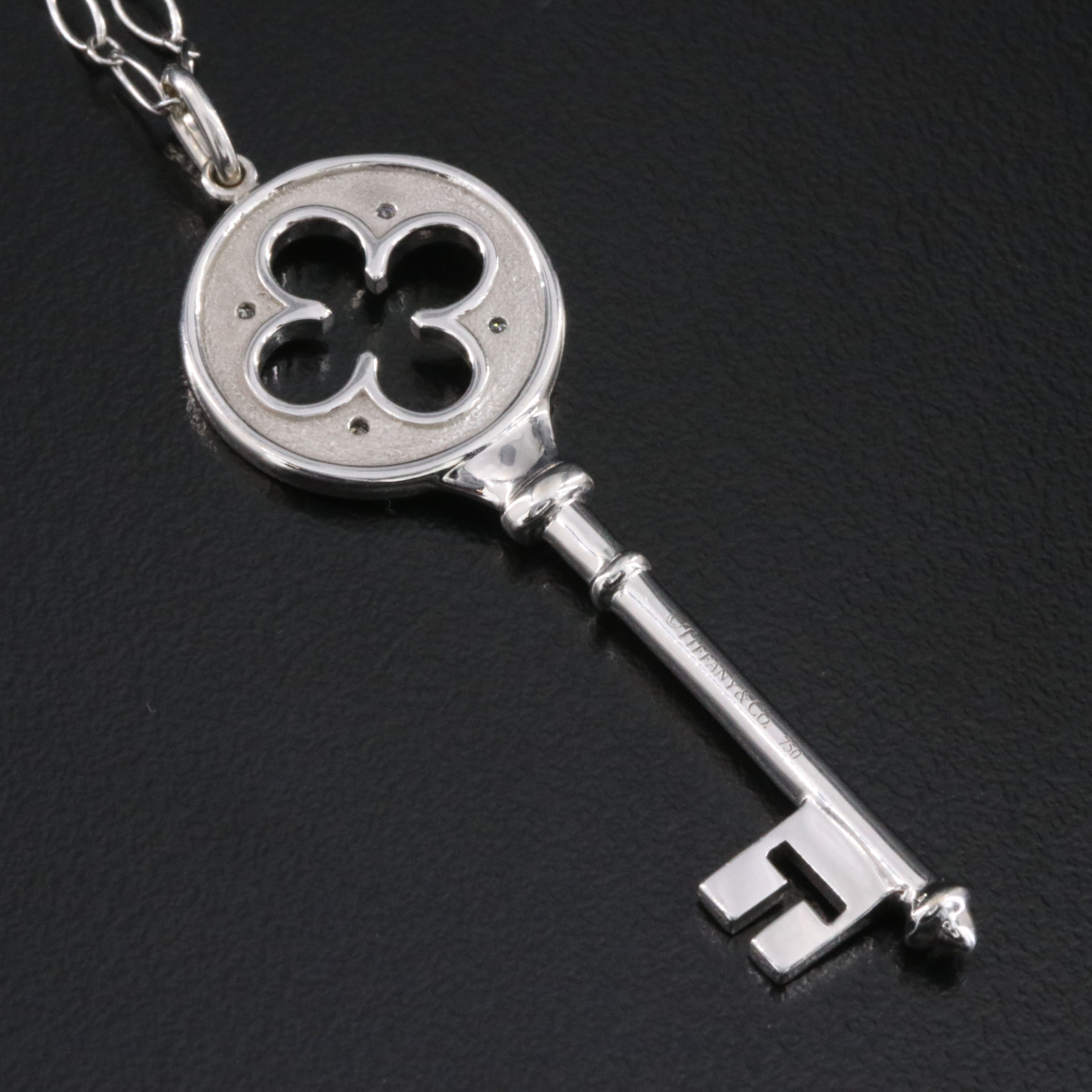 Tiffany & Co. Keys 18K Diamond Quatrefoil Key Pendant Necklace