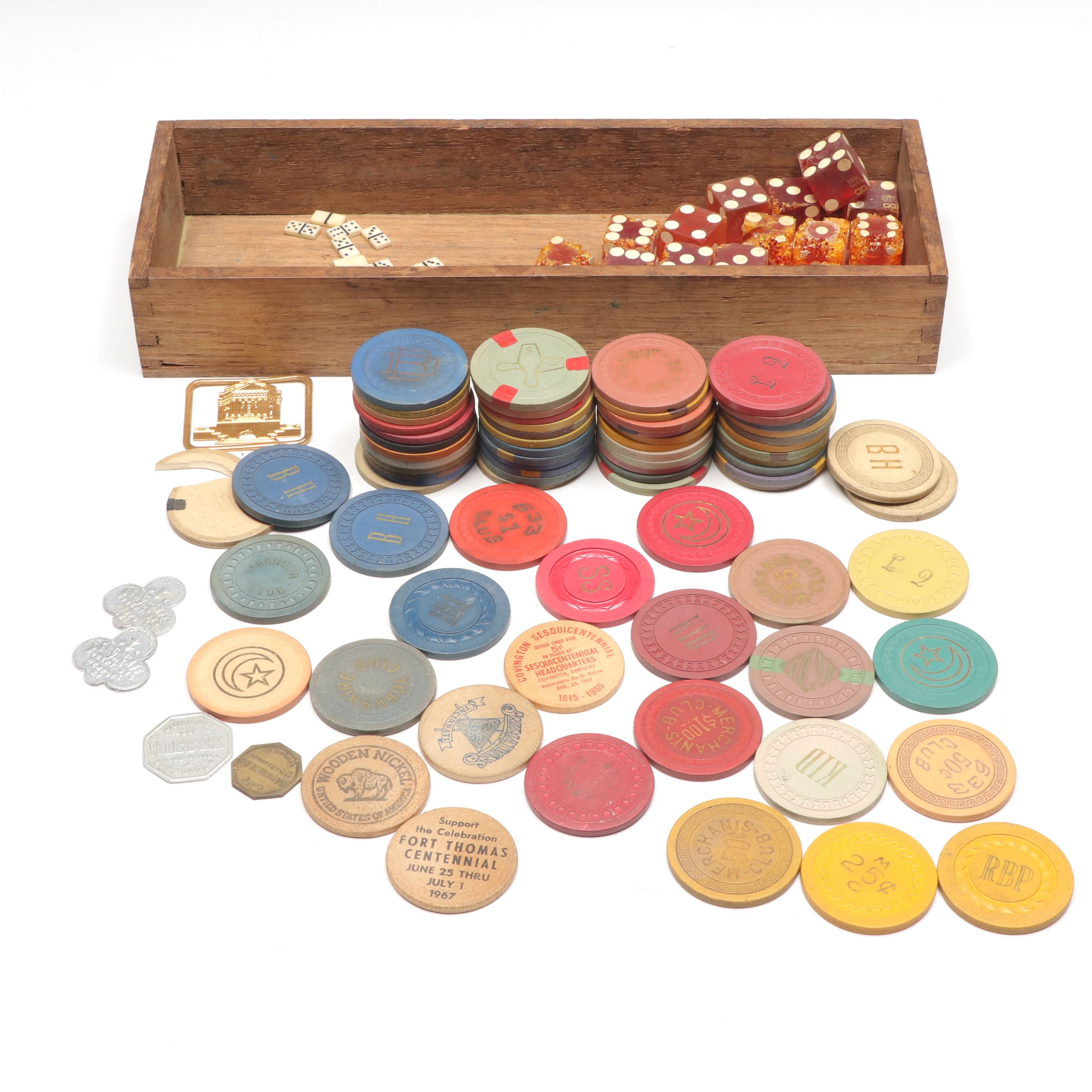 Yorkshire Club Glass Dice, Poker Chips, Miniature Dominoes and More Game Pieces