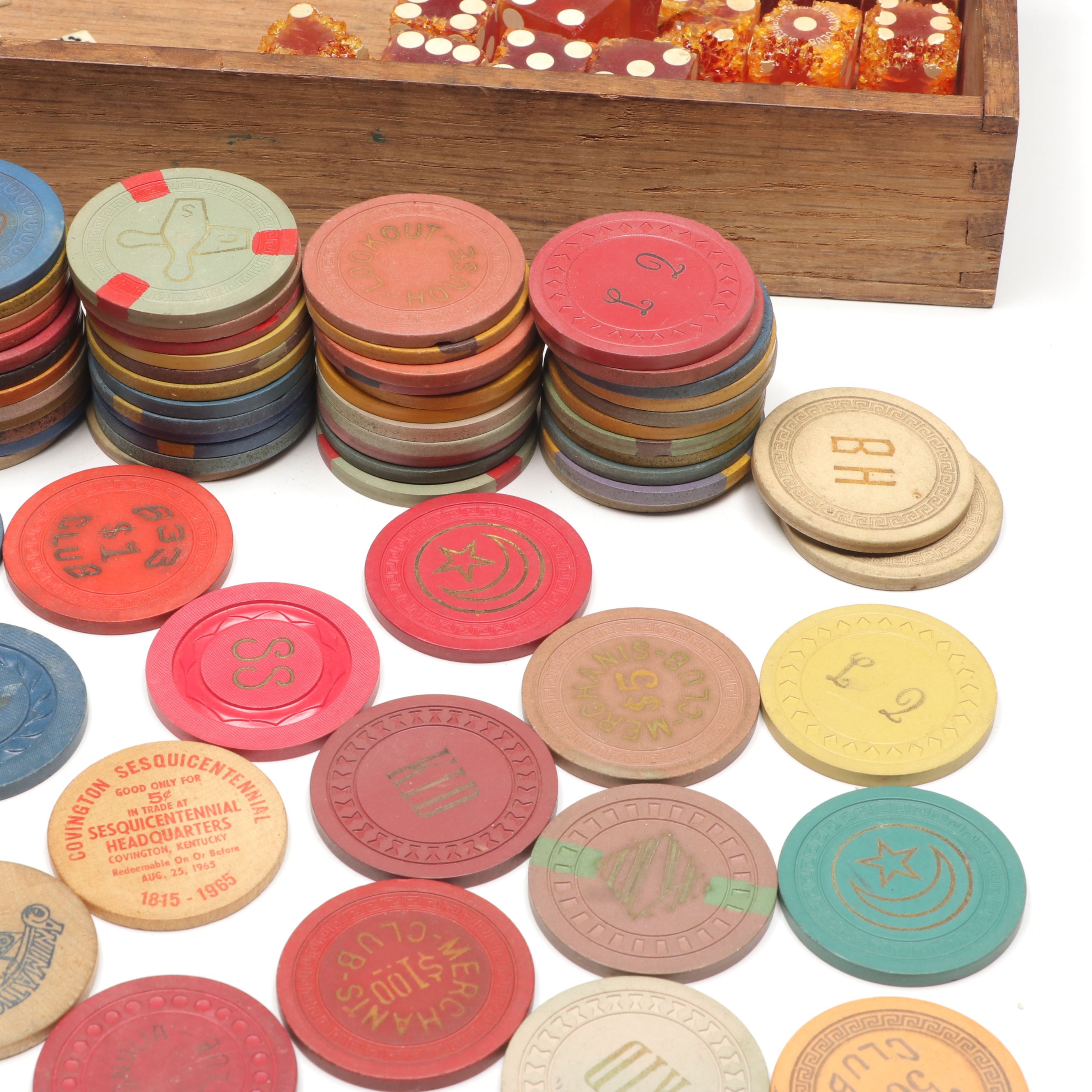 Yorkshire Club Glass Dice, Poker Chips, Miniature Dominoes and More Game Pieces