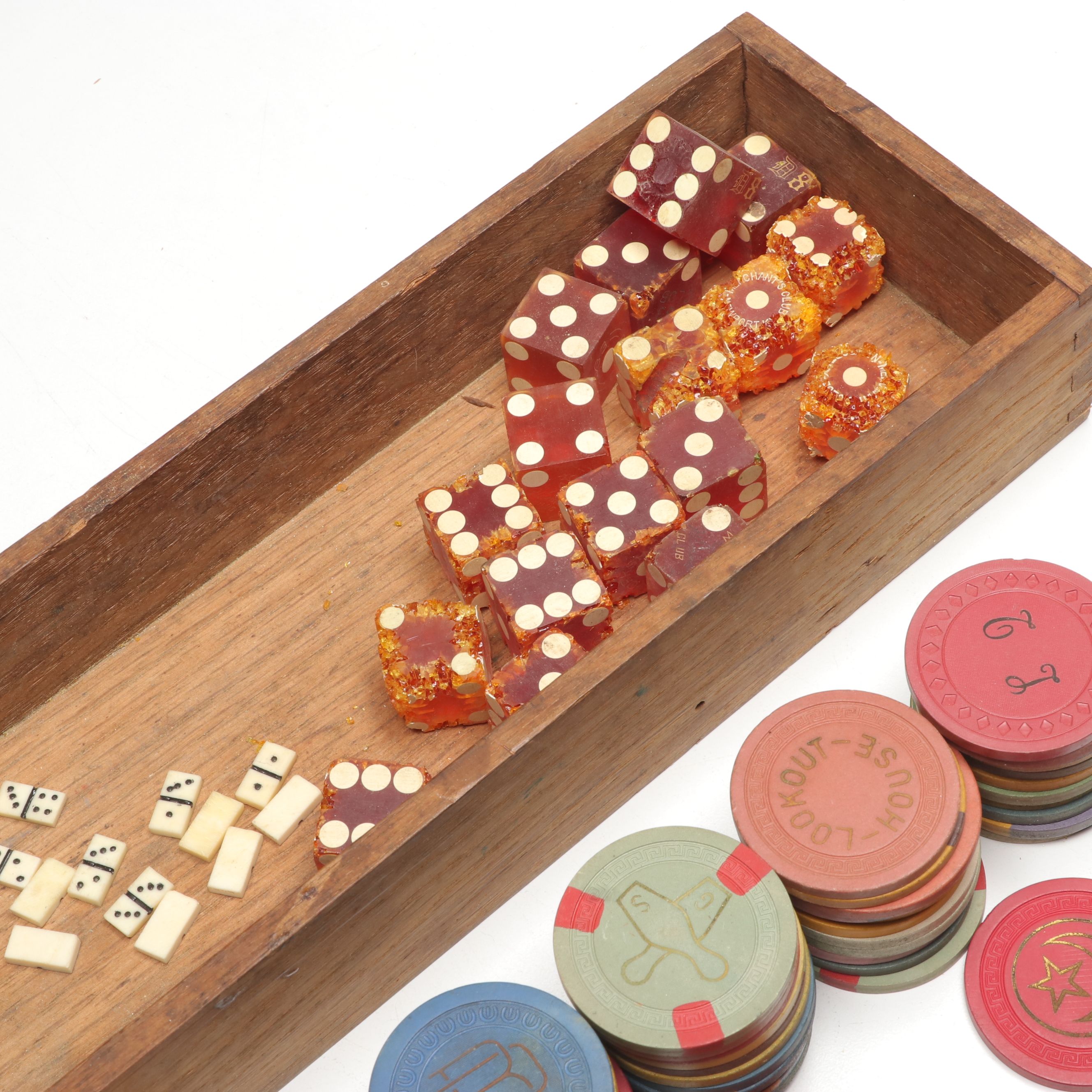 Yorkshire Club Glass Dice, Poker Chips, Miniature Dominoes and More Game Pieces