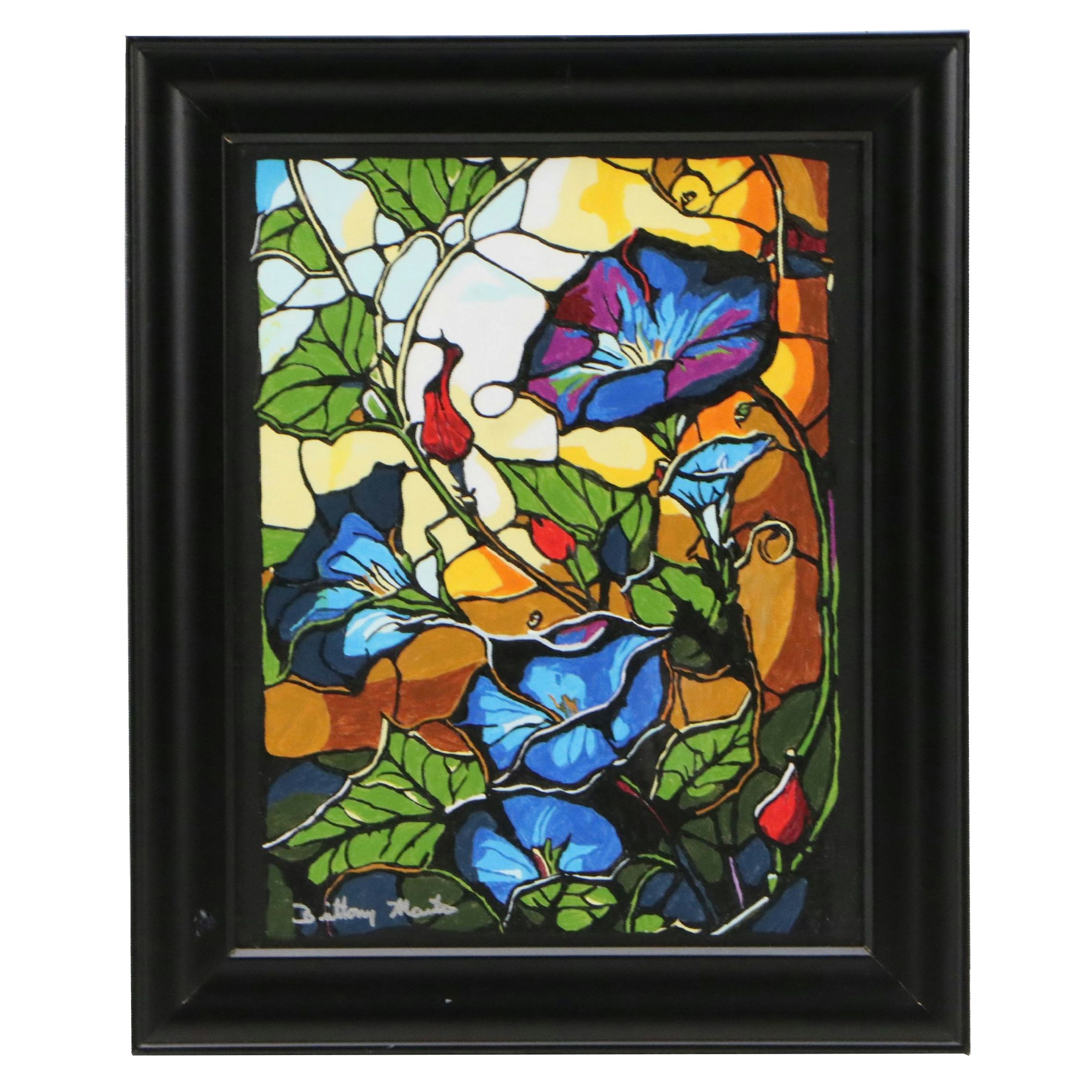 Brittony Martin Acrylic Painting of Stained Glass Morning Glories, Circa 2026