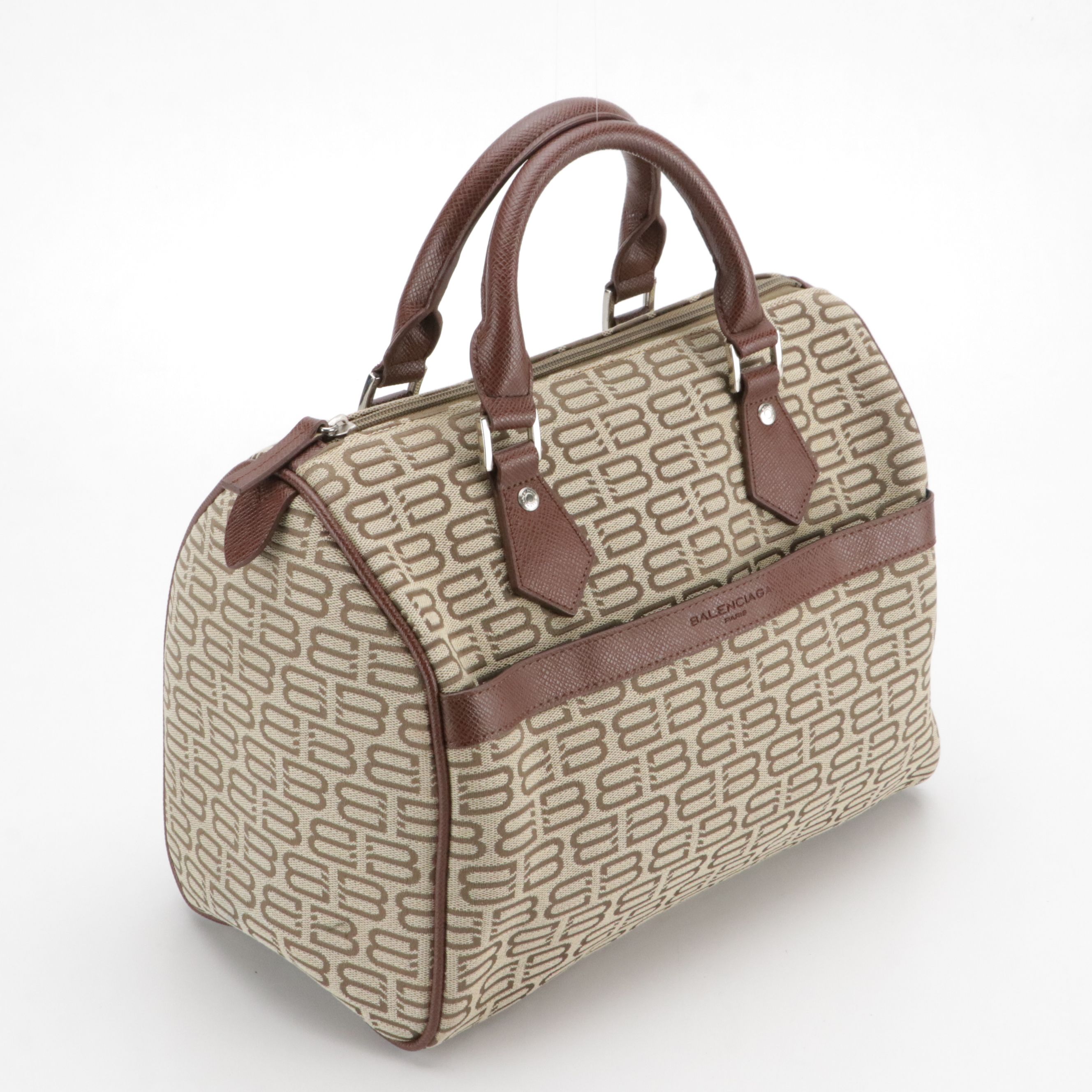 Balenciaga Zippered Boston Bag in Logo Jacquard Canvas and Leather Trim