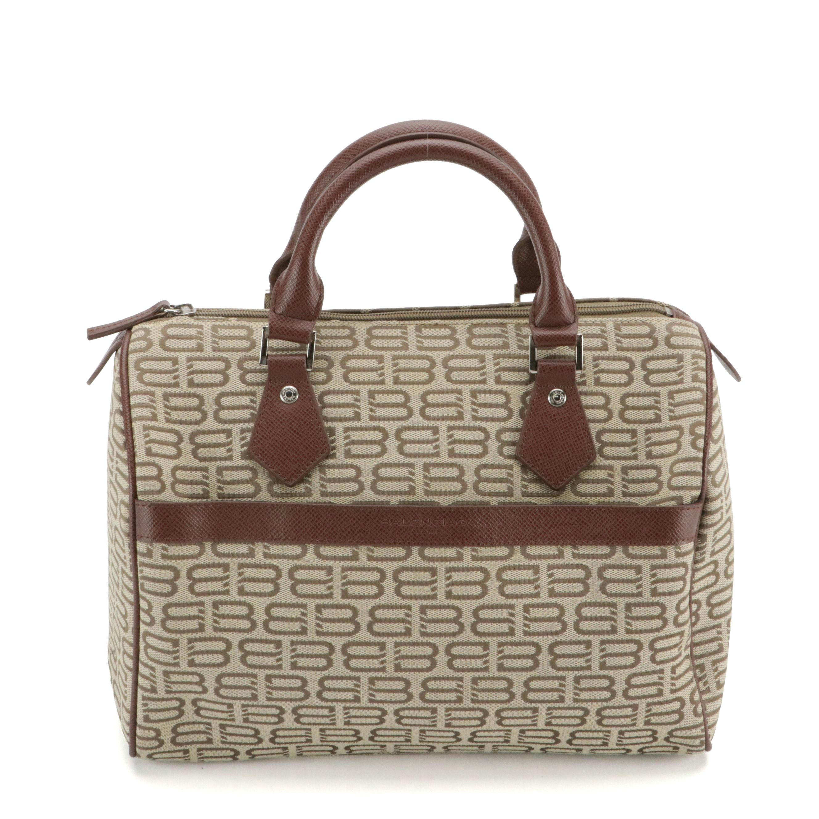 Balenciaga Zippered Boston Bag in Logo Jacquard Canvas and Leather Trim