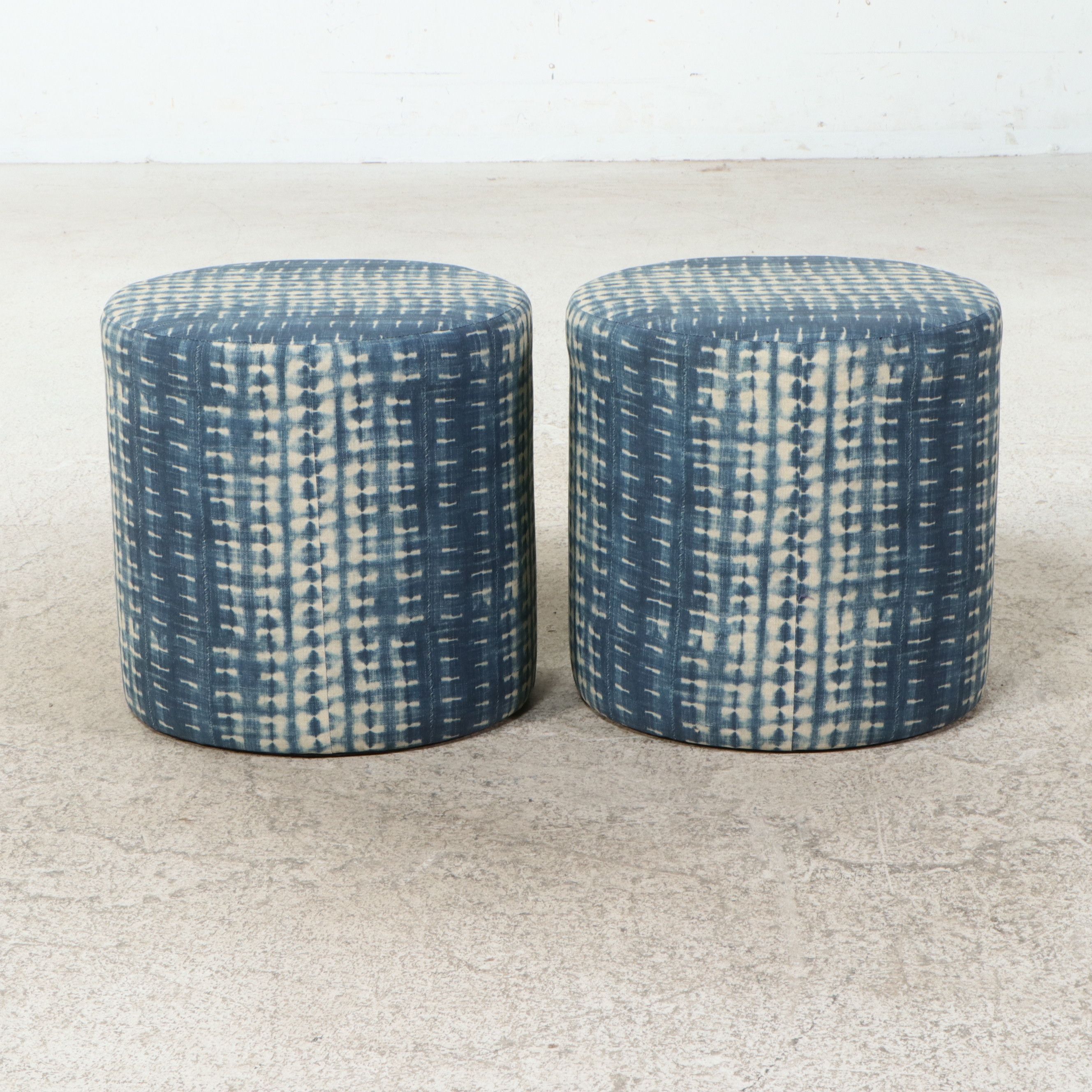 Pair of Skyline Furniture Blue Batik Upholstered Cylindrical Ottomans