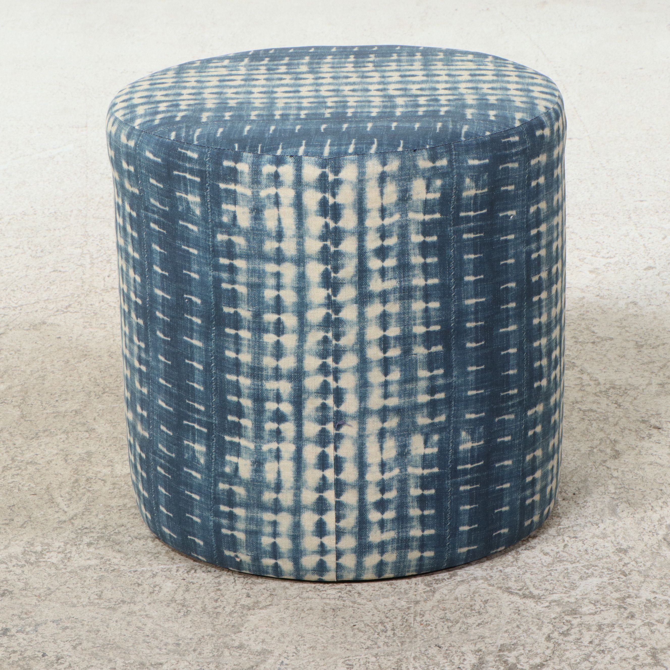 Pair of Skyline Furniture Blue Batik Upholstered Cylindrical Ottomans