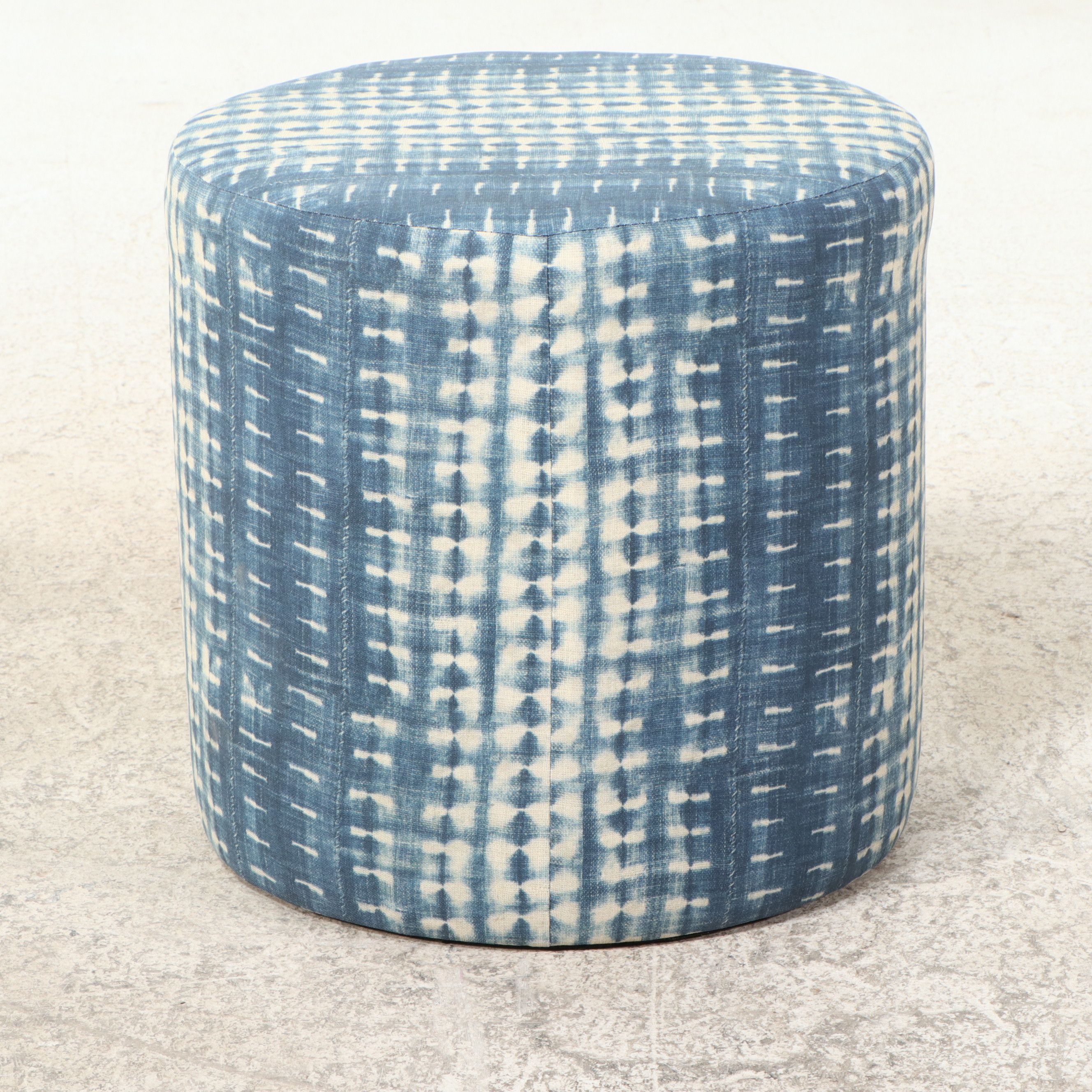 Pair of Skyline Furniture Blue Batik Upholstered Cylindrical Ottomans