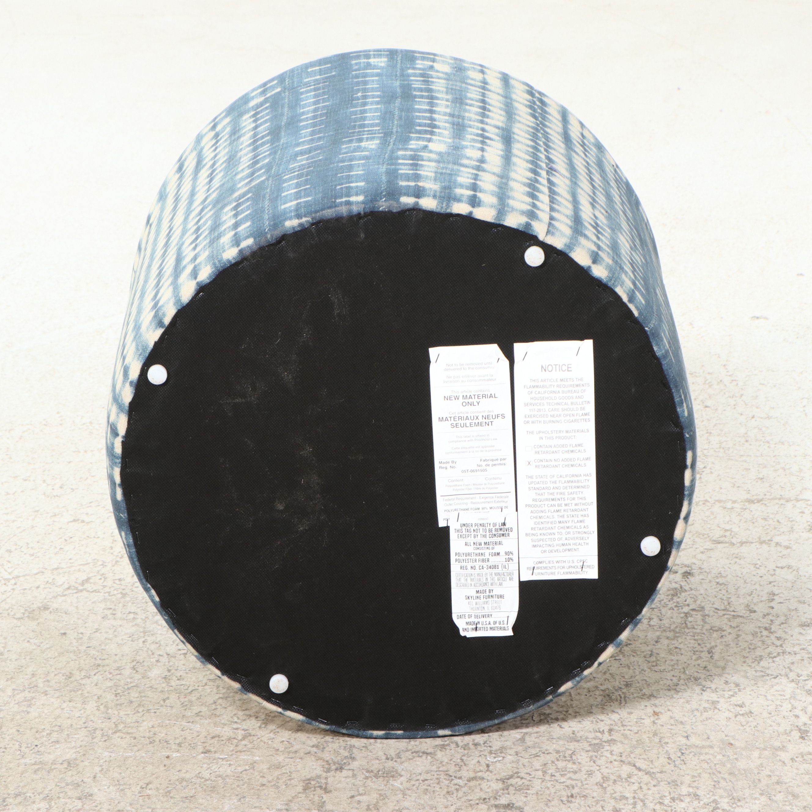 Pair of Skyline Furniture Blue Batik Upholstered Cylindrical Ottomans