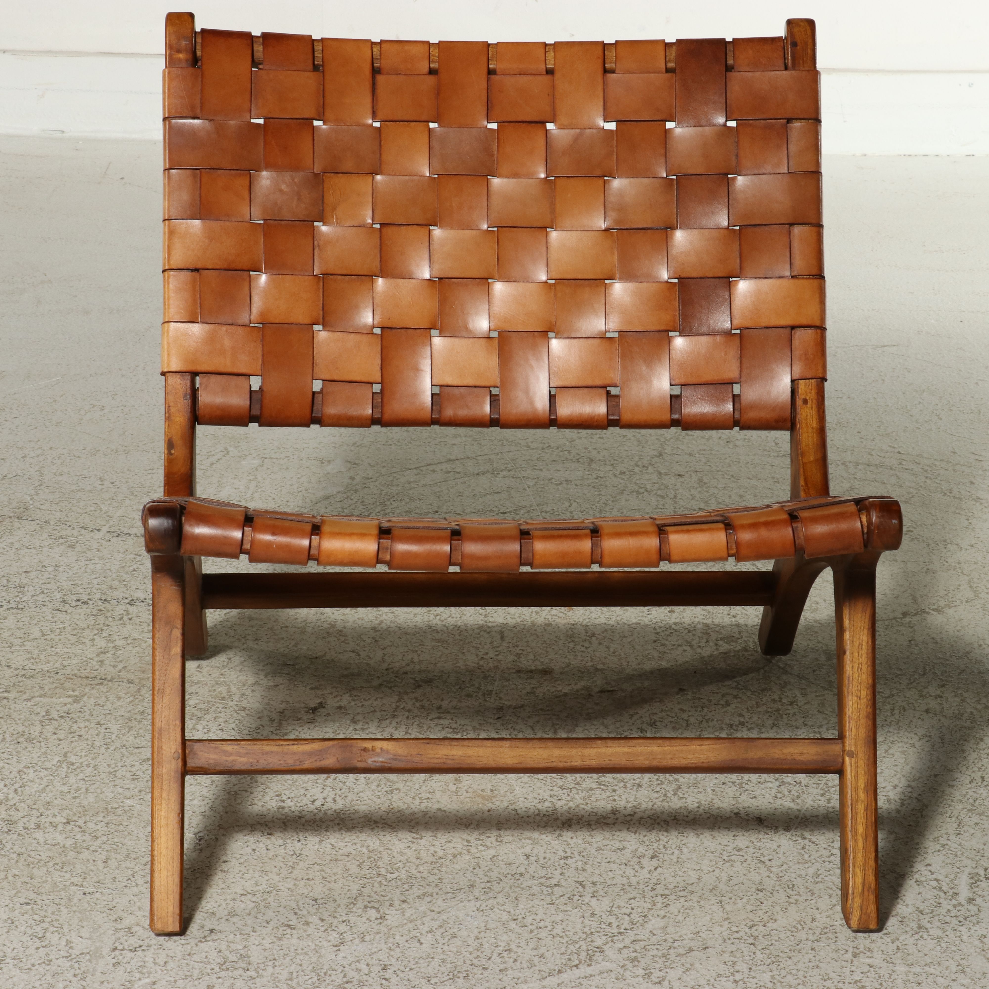 Mid Century Modern Style Teak and Woven Leather Lounge Chair