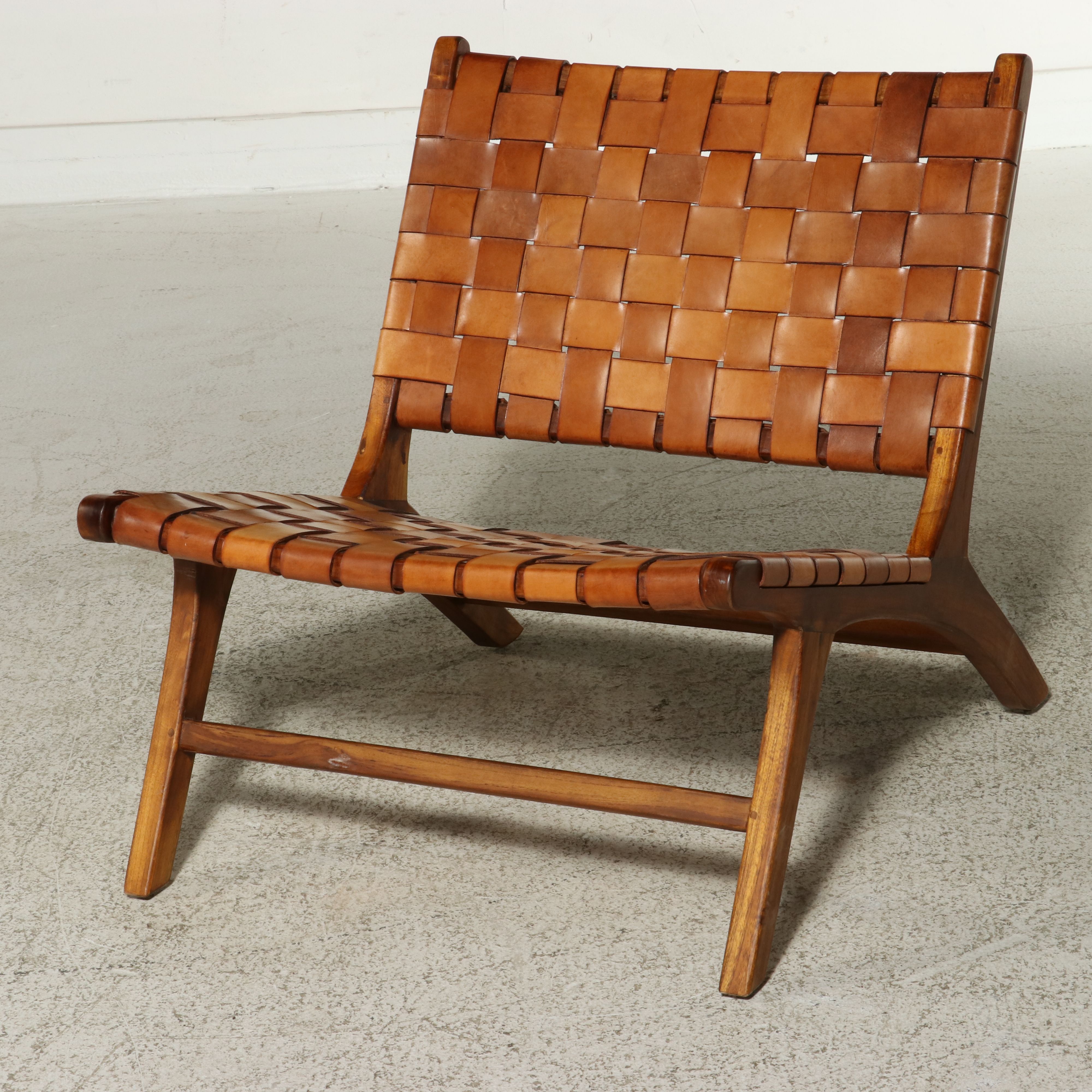 Mid Century Modern Style Teak and Woven Leather Lounge Chair