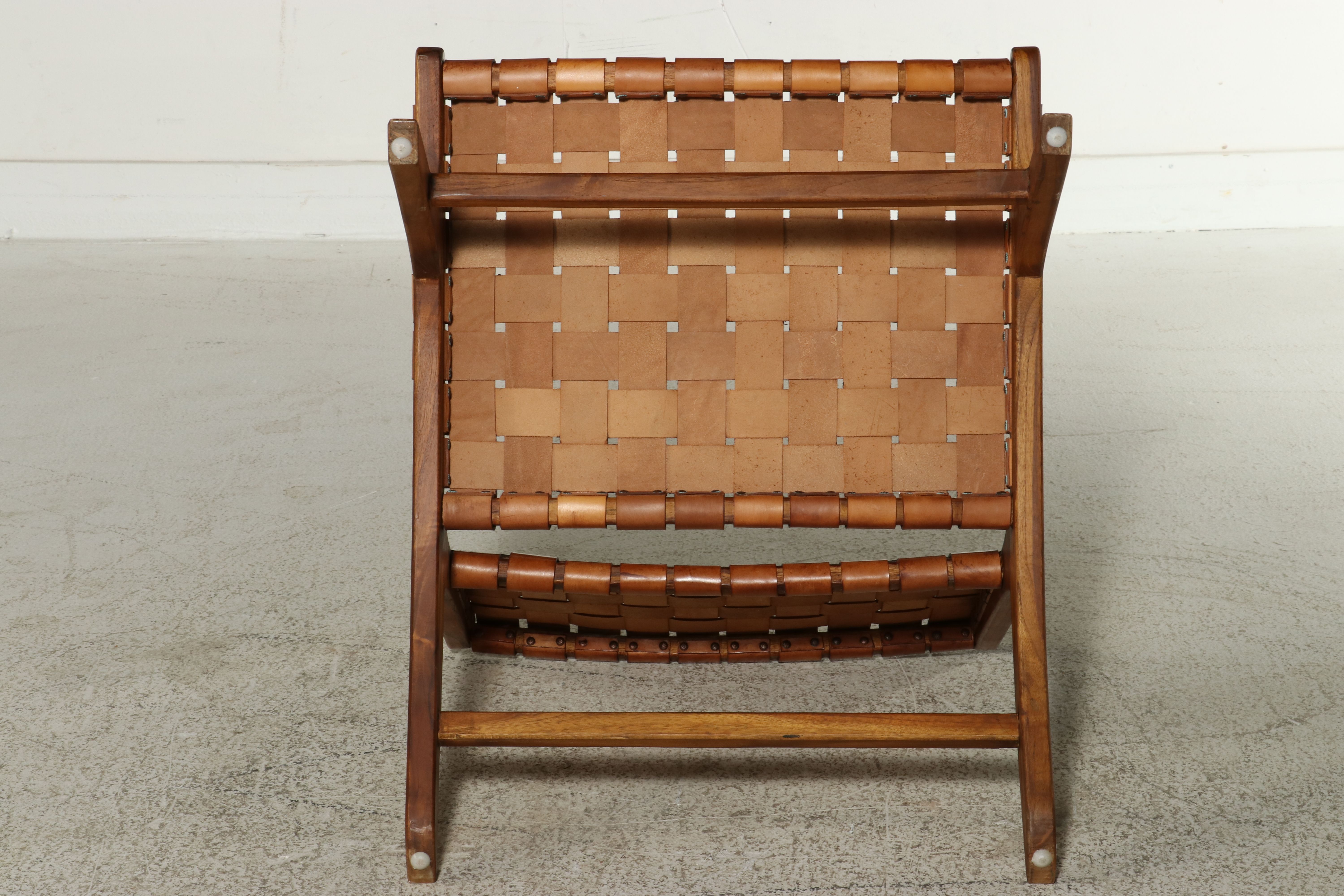Mid Century Modern Style Teak and Woven Leather Lounge Chair