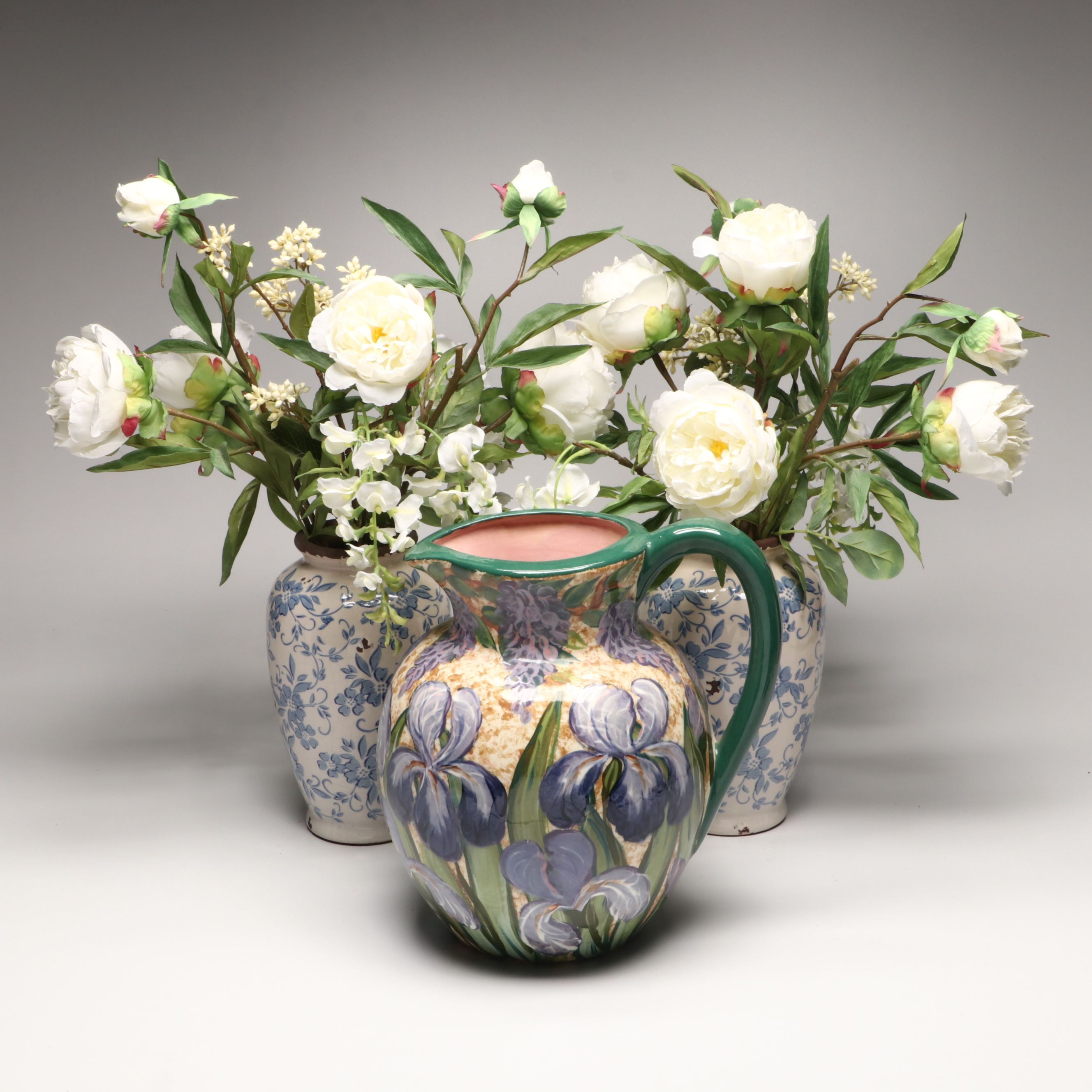 Lesal Ceramics Pitcher with Peony Vases and Artificial Flowers