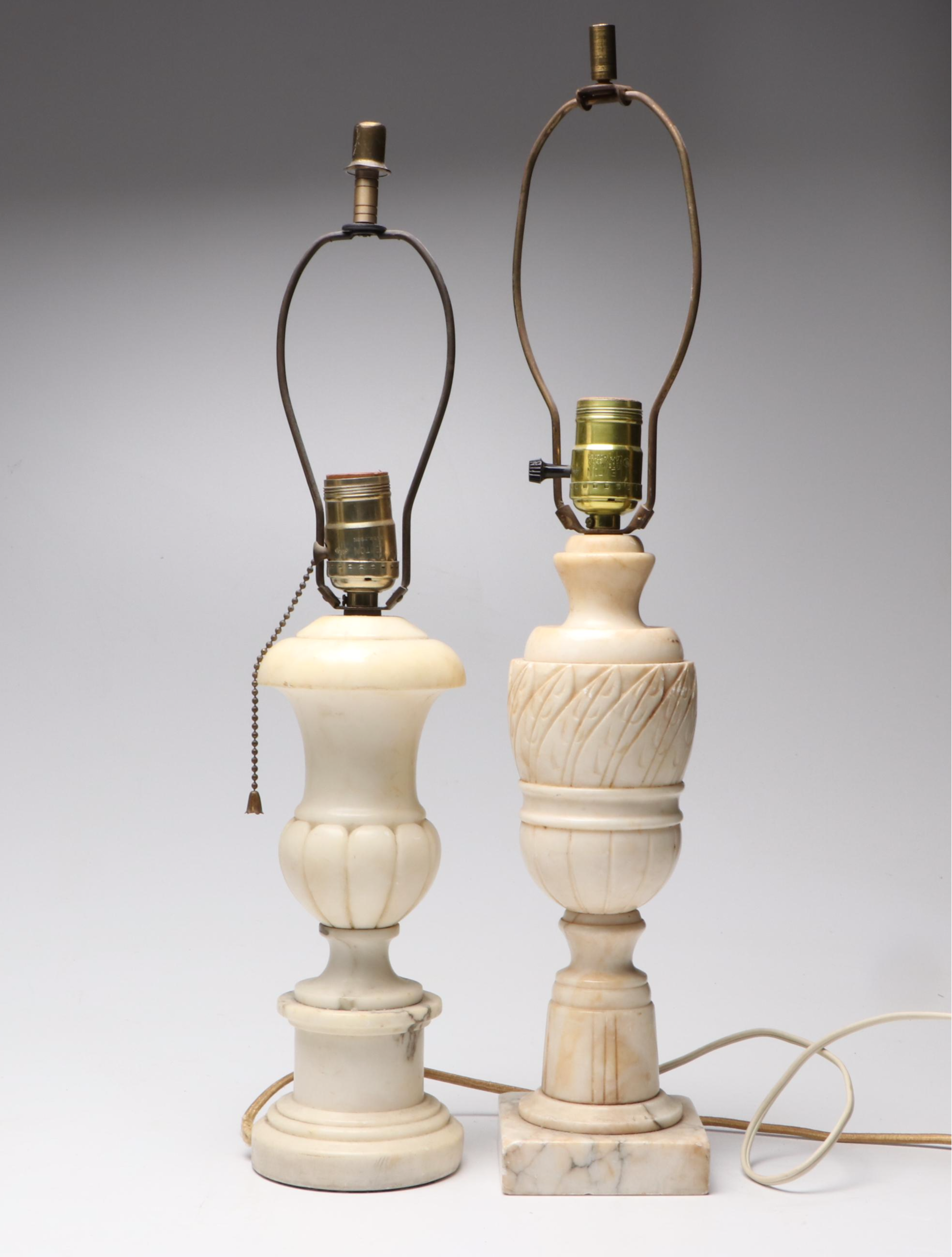 Art Nouveau Lamp with Bent Panel Tulip Shade and Alabaster Urn Table Lamps