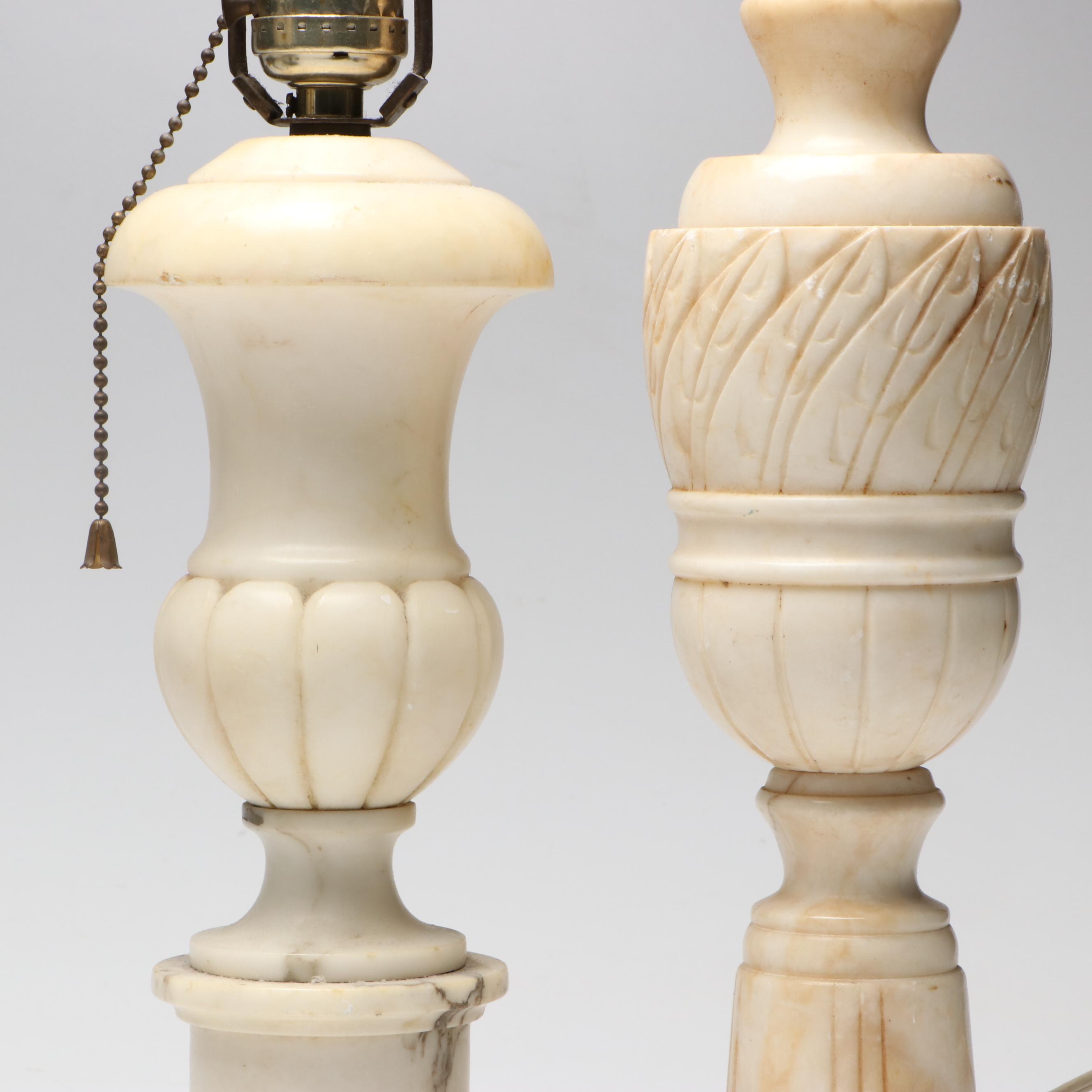Art Nouveau Lamp with Bent Panel Tulip Shade and Alabaster Urn Table Lamps