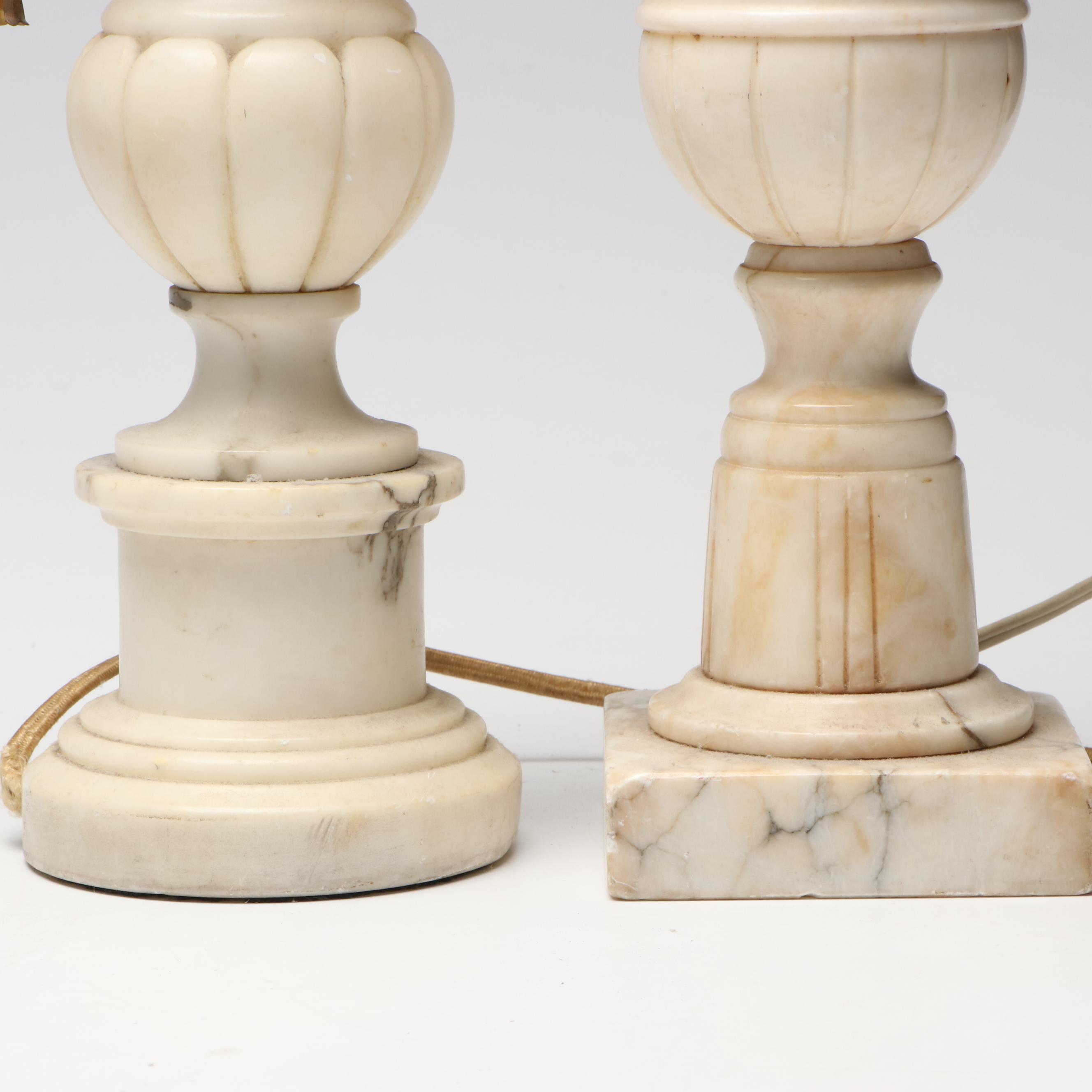 Art Nouveau Lamp with Bent Panel Tulip Shade and Alabaster Urn Table Lamps