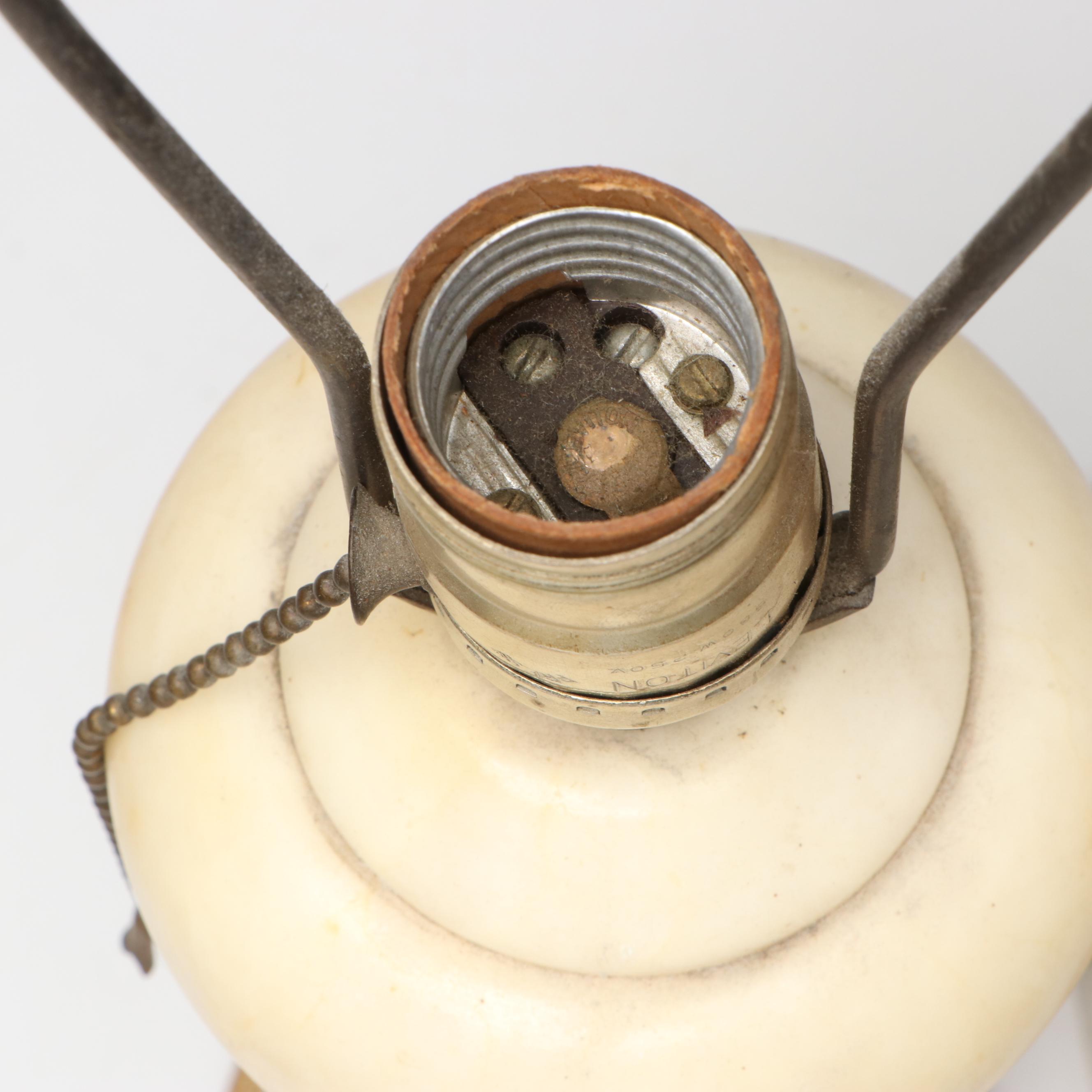 Art Nouveau Lamp with Bent Panel Tulip Shade and Alabaster Urn Table Lamps