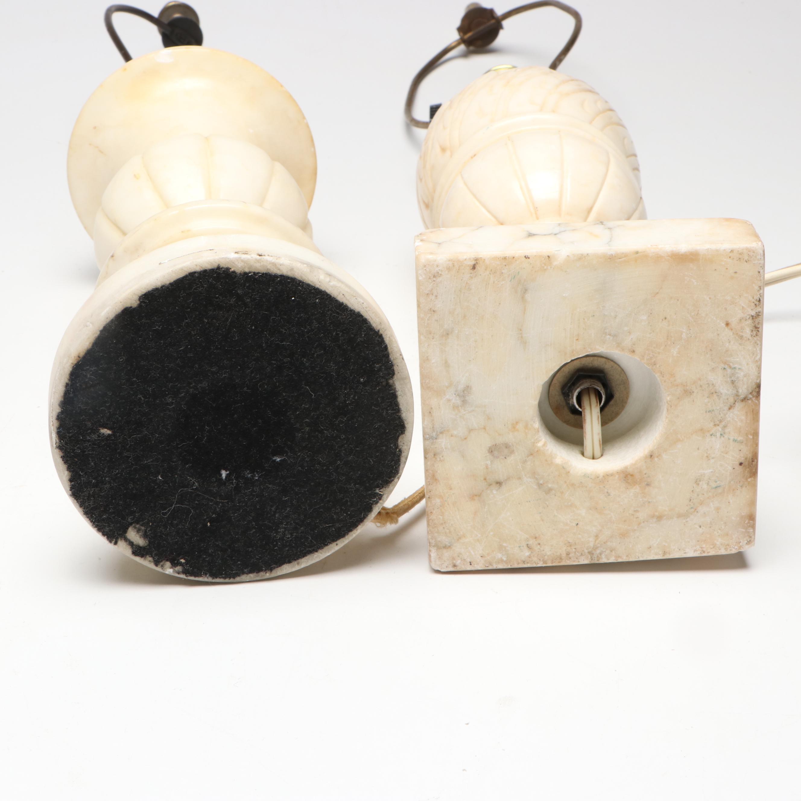 Art Nouveau Lamp with Bent Panel Tulip Shade and Alabaster Urn Table Lamps