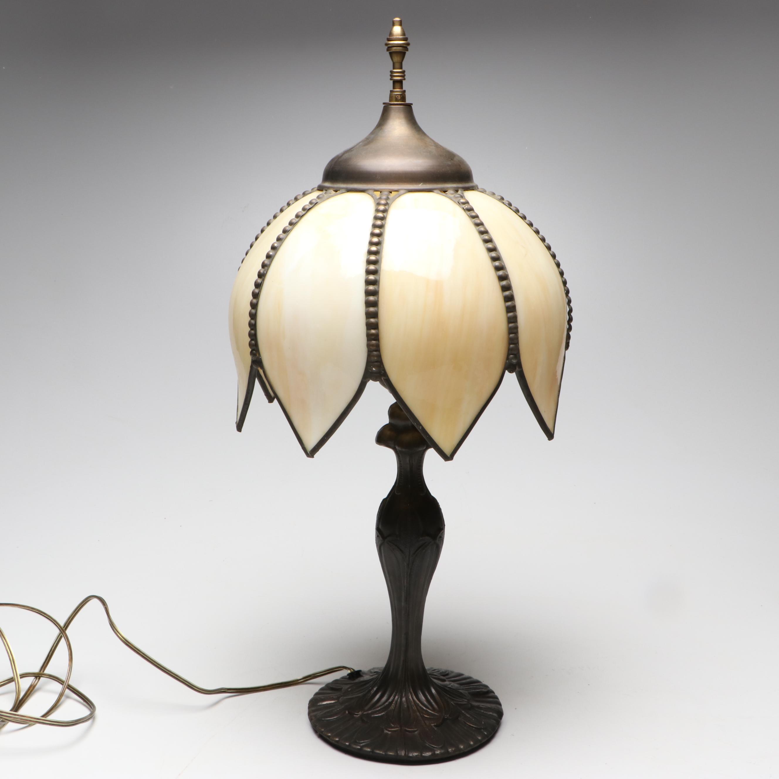 Art Nouveau Lamp with Bent Panel Tulip Shade and Alabaster Urn Table Lamps