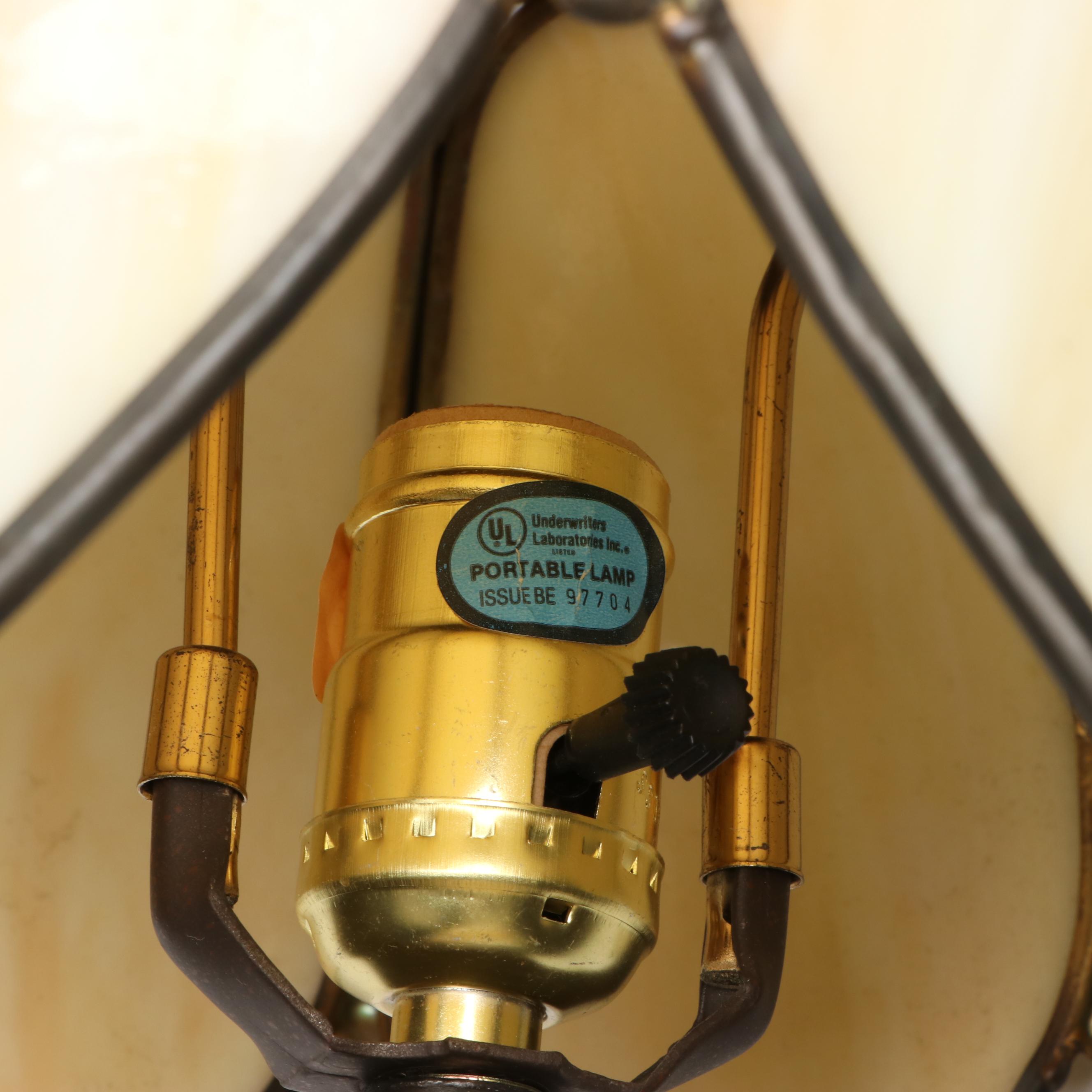 Art Nouveau Lamp with Bent Panel Tulip Shade and Alabaster Urn Table Lamps