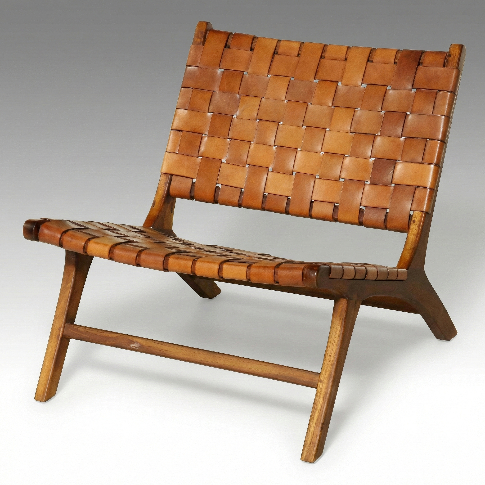 Mid Century Modern Style Teak and Woven Leather Lounge Chair