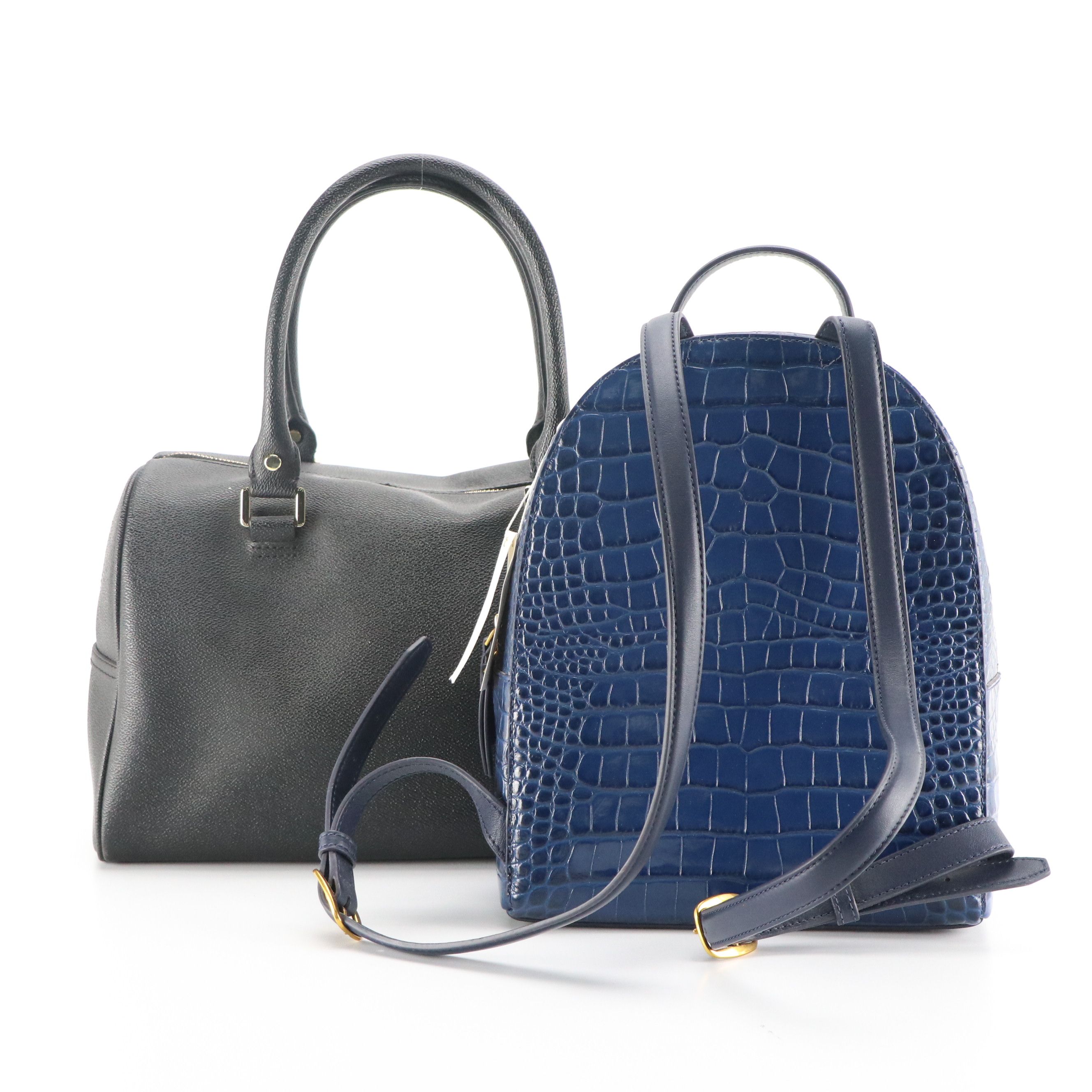 Tory Burch Blue Croc Embossed Mini Backpack, Black Leather Zippered Satchel Bag