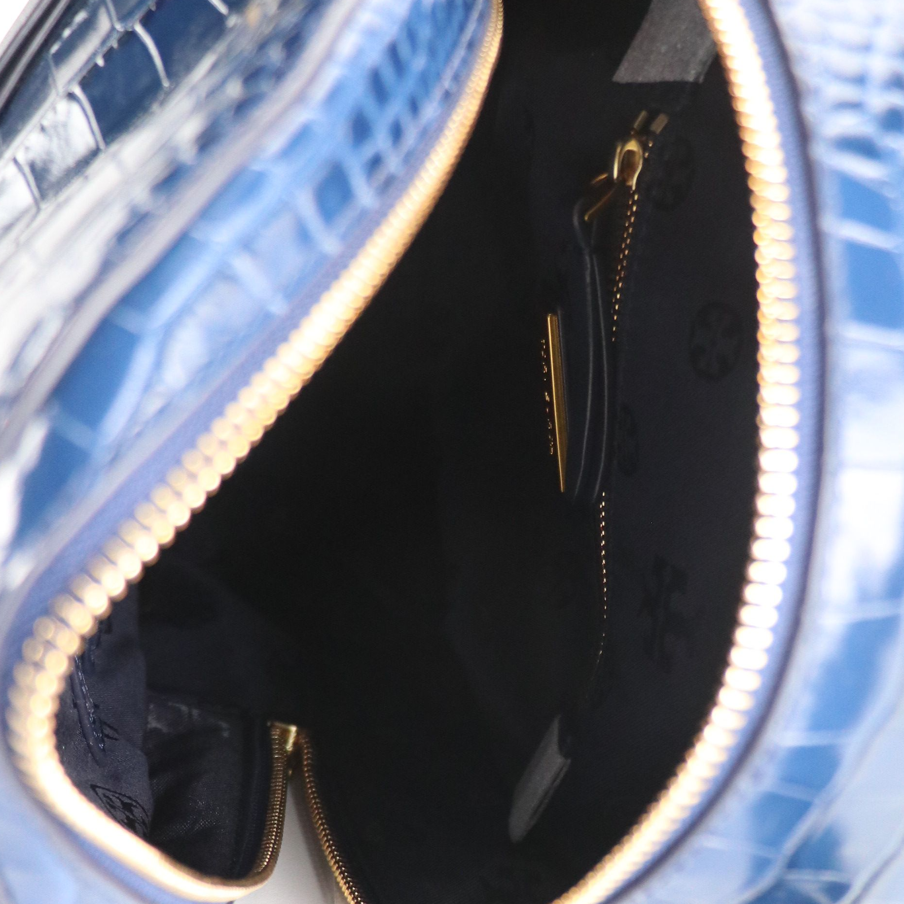 Tory Burch Blue Croc Embossed Mini Backpack, Black Leather Zippered Satchel Bag