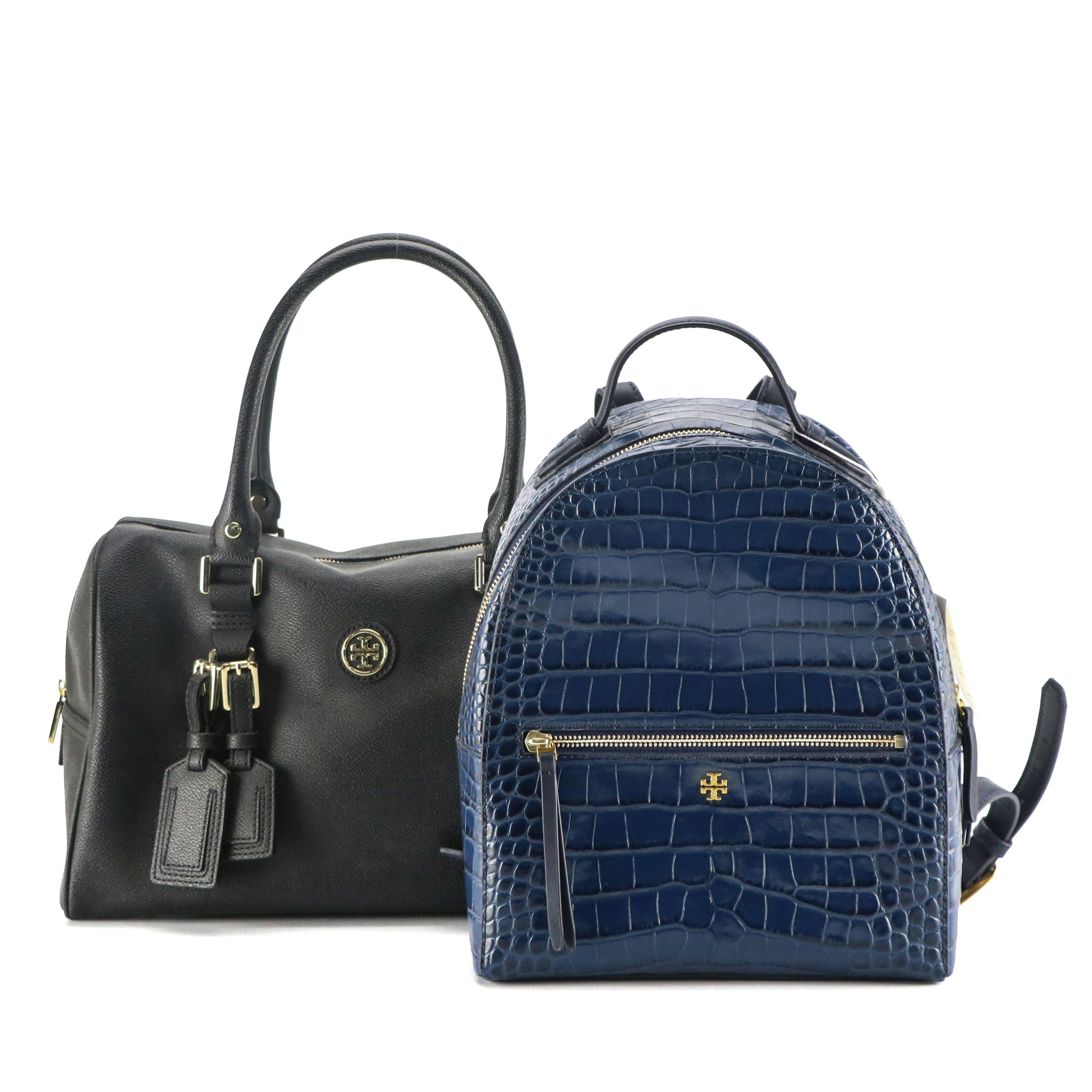 Tory Burch Blue Croc Embossed Mini Backpack, Black Leather Zippered Satchel Bag