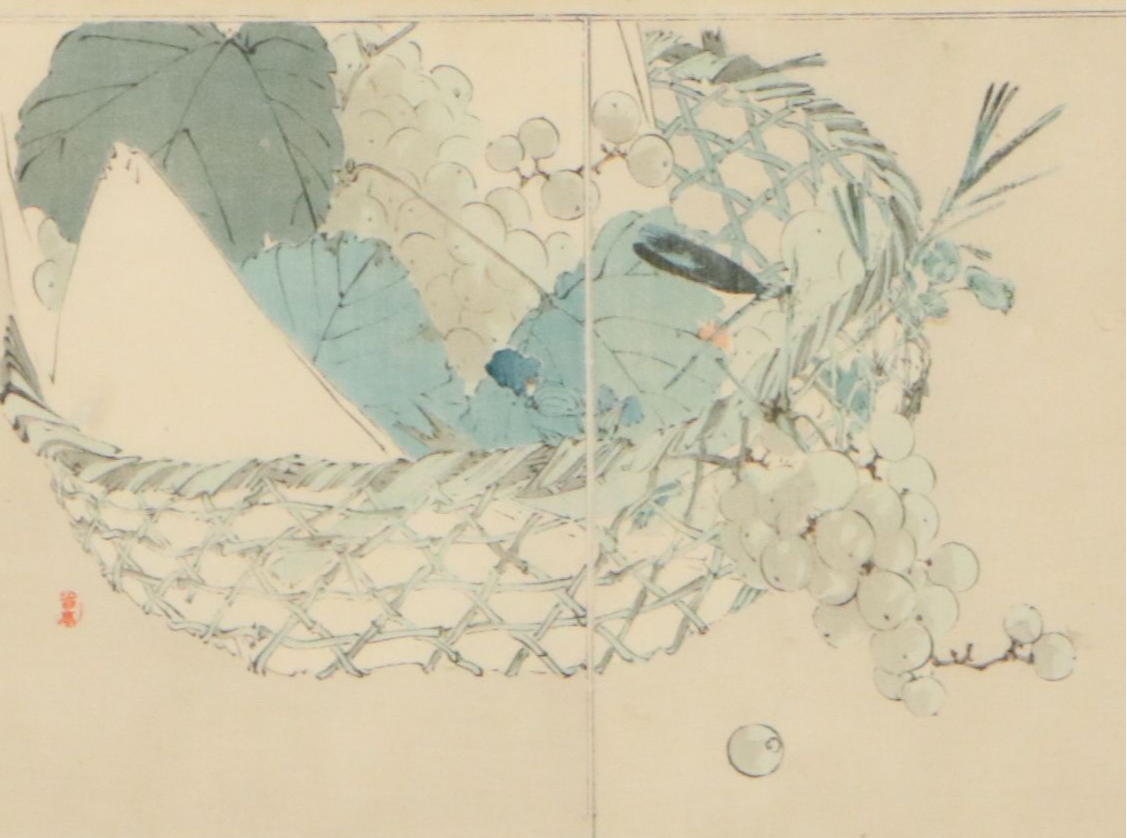 Watanabe Shōtei Ukiyo-e Woodblock Print of Dragonfly on Fruit Basket