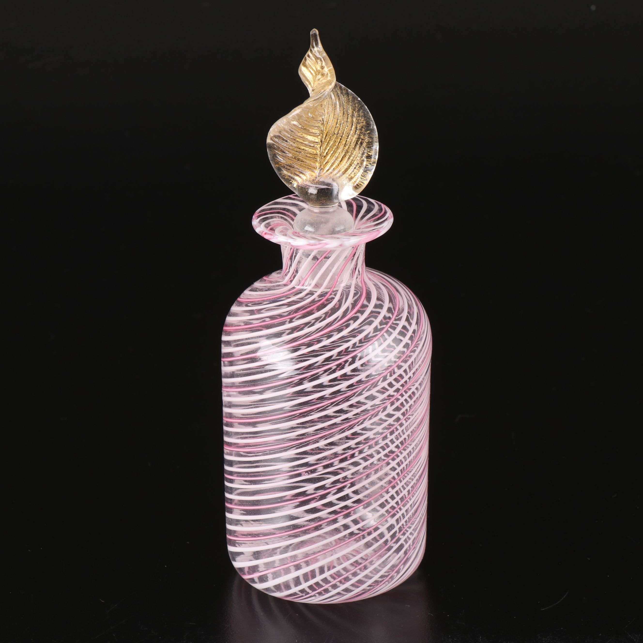 Murano Style Art Glass Filigrana Perfume Bottle with Gilt Leaf Stopper