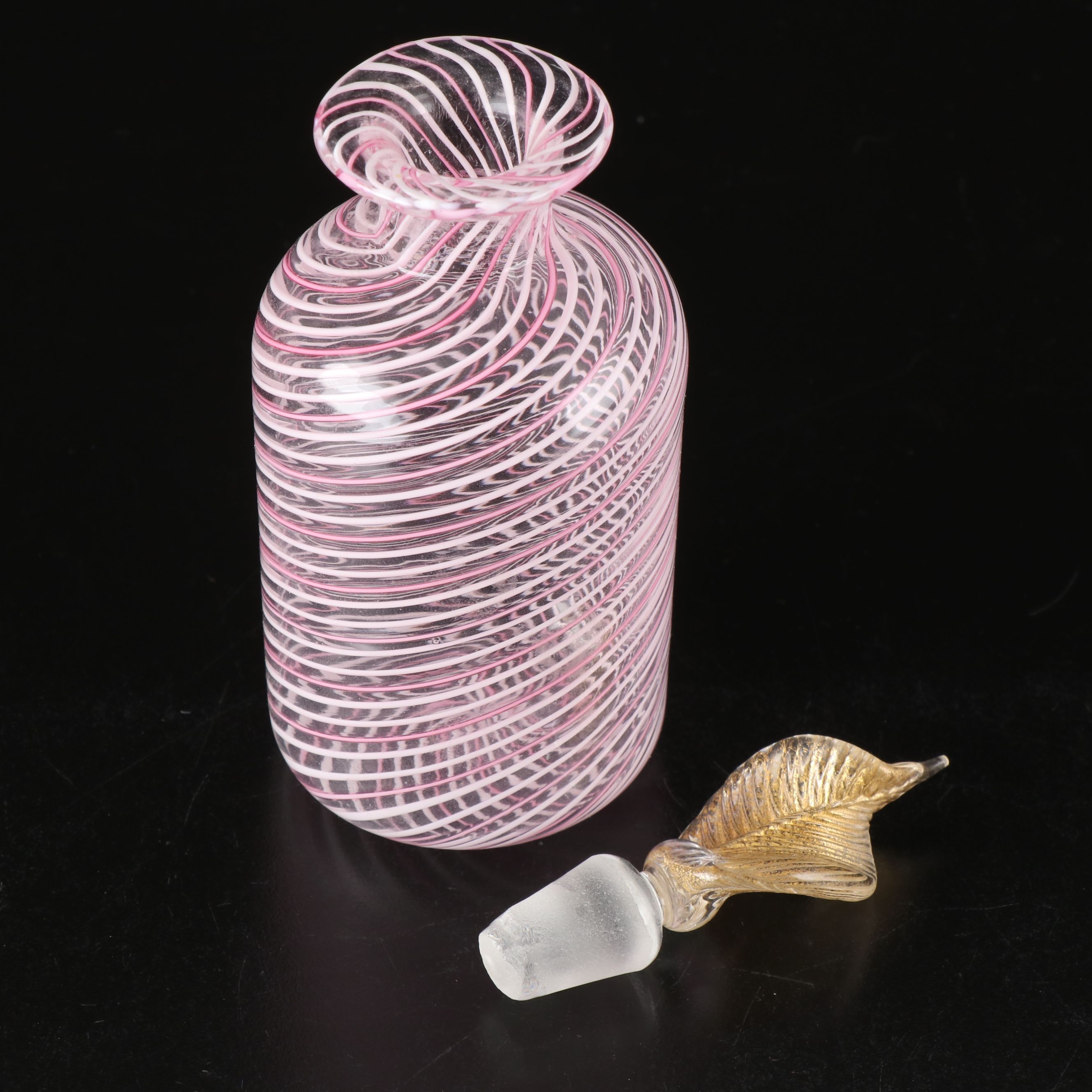 Murano Style Art Glass Filigrana Perfume Bottle with Gilt Leaf Stopper