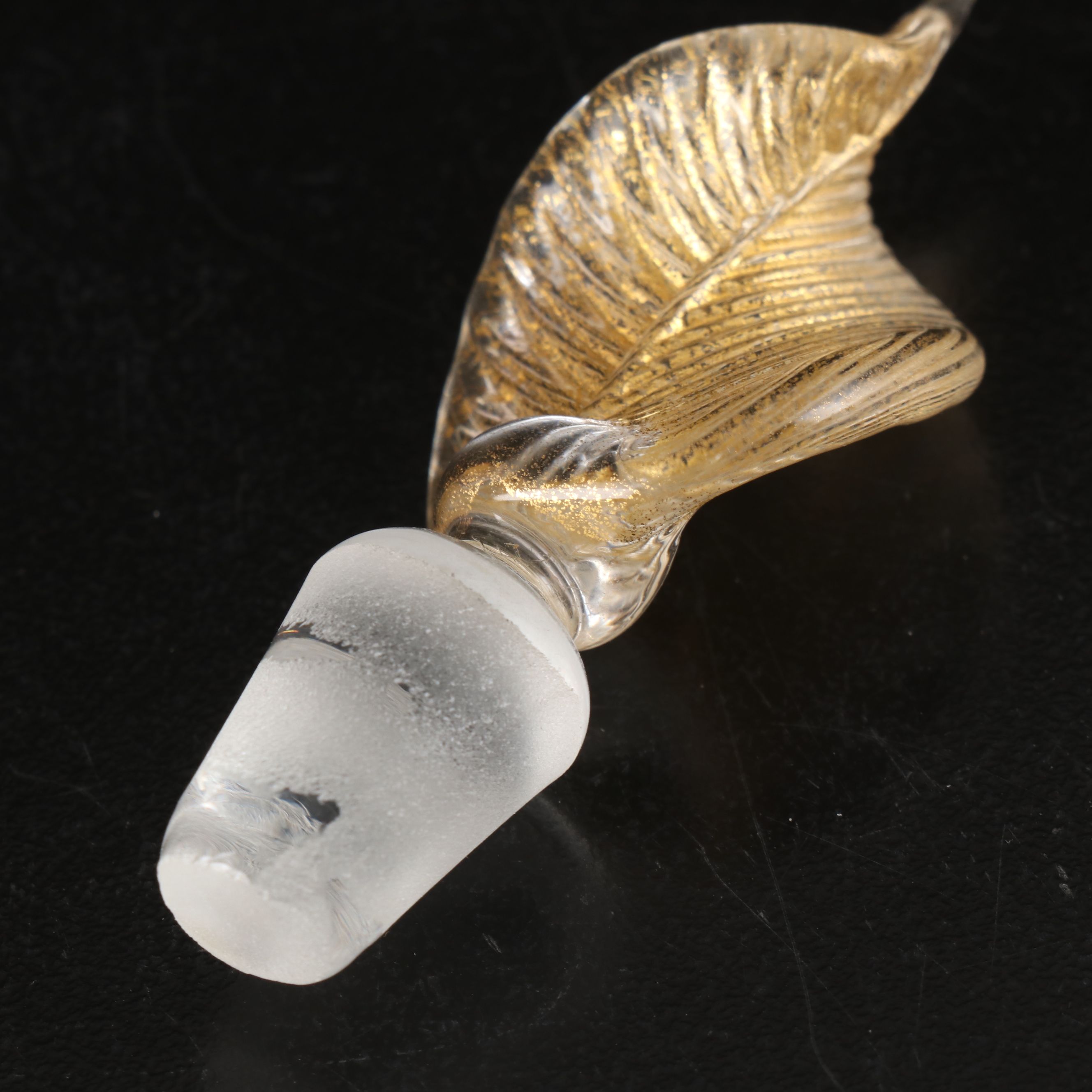 Murano Style Art Glass Filigrana Perfume Bottle with Gilt Leaf Stopper