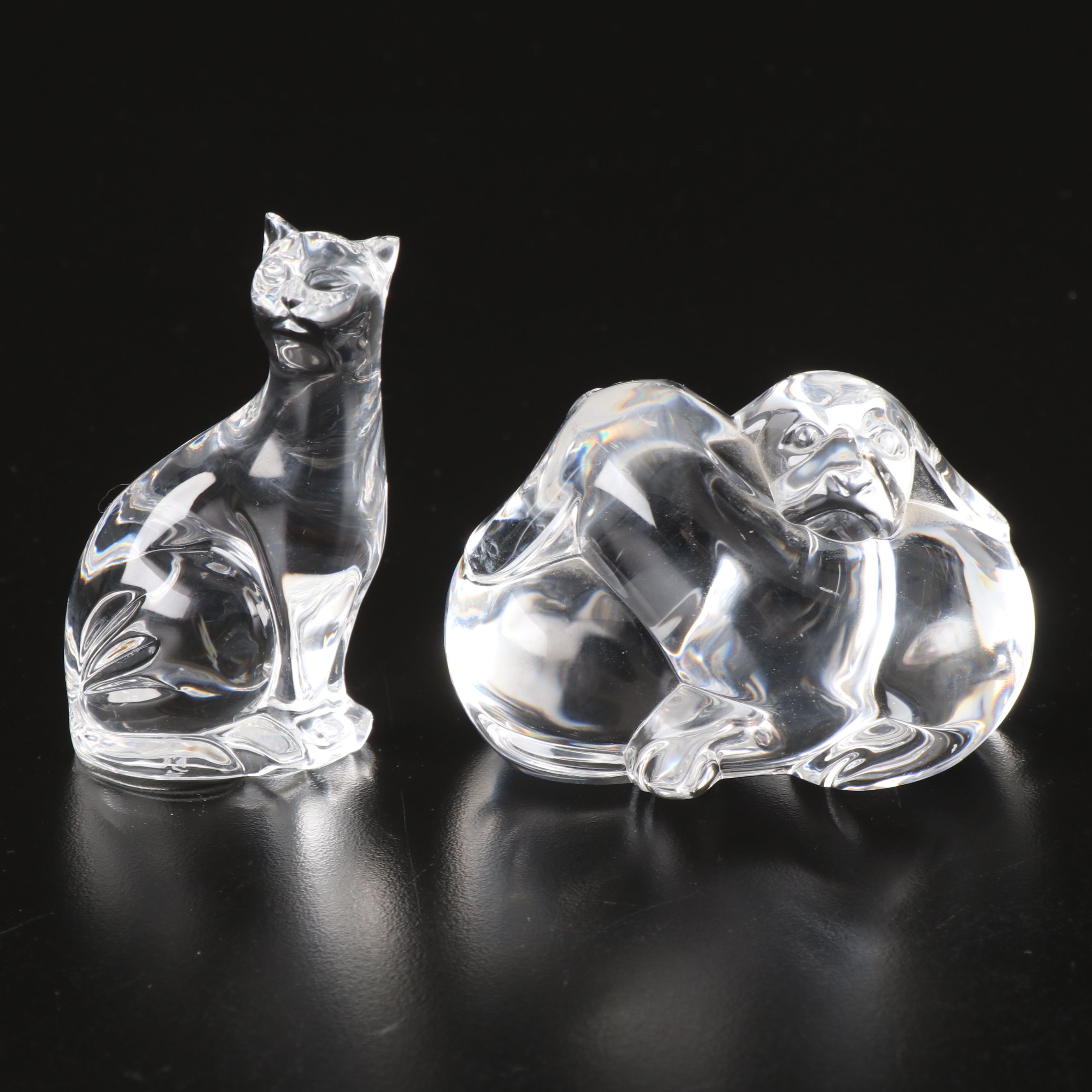 Waterford "Small Cat" and Steuben "Puppy Love" Crystal Figurines