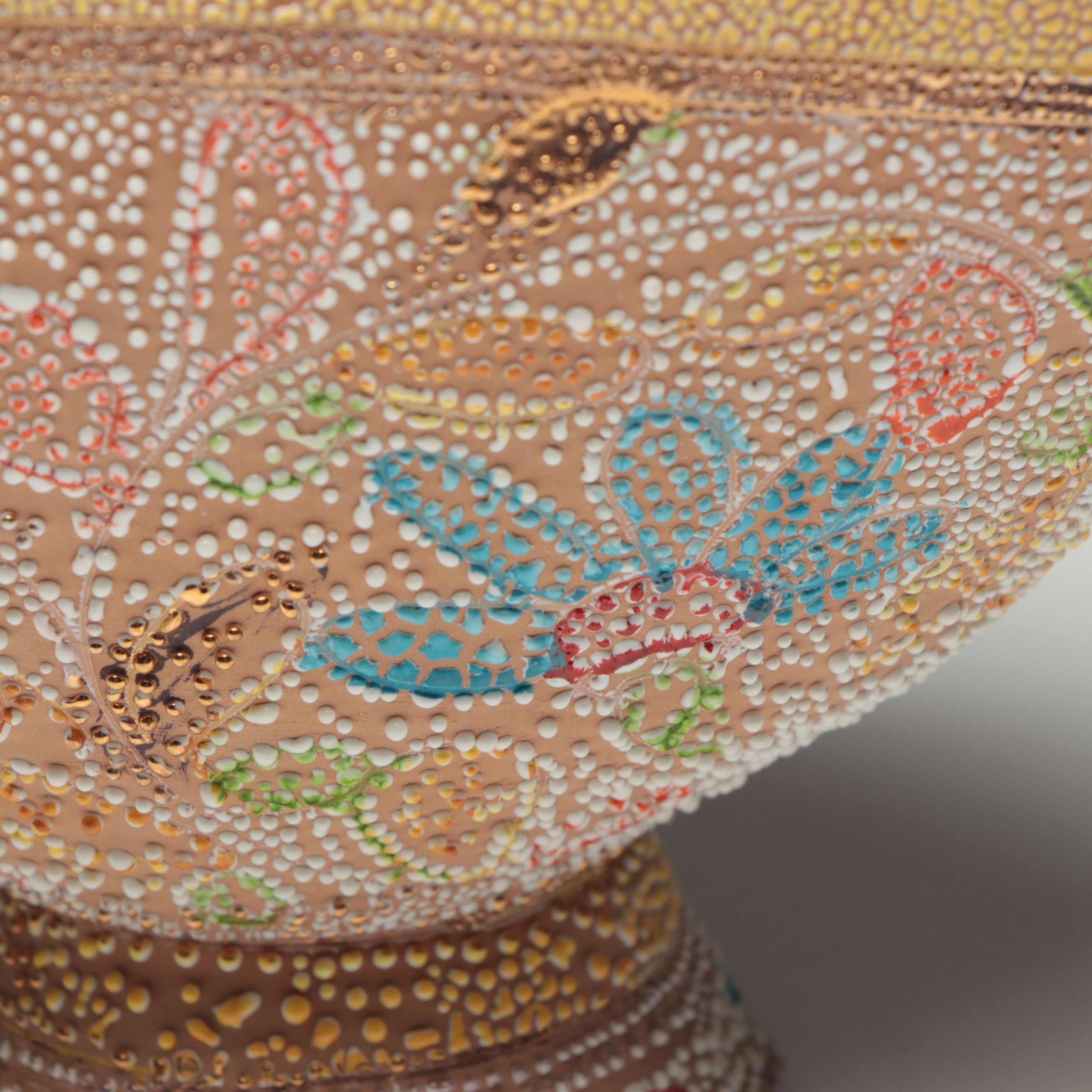 Japanese Ceramic Moriage Accented Double Handled Bowl, Early to Mid-20th Century