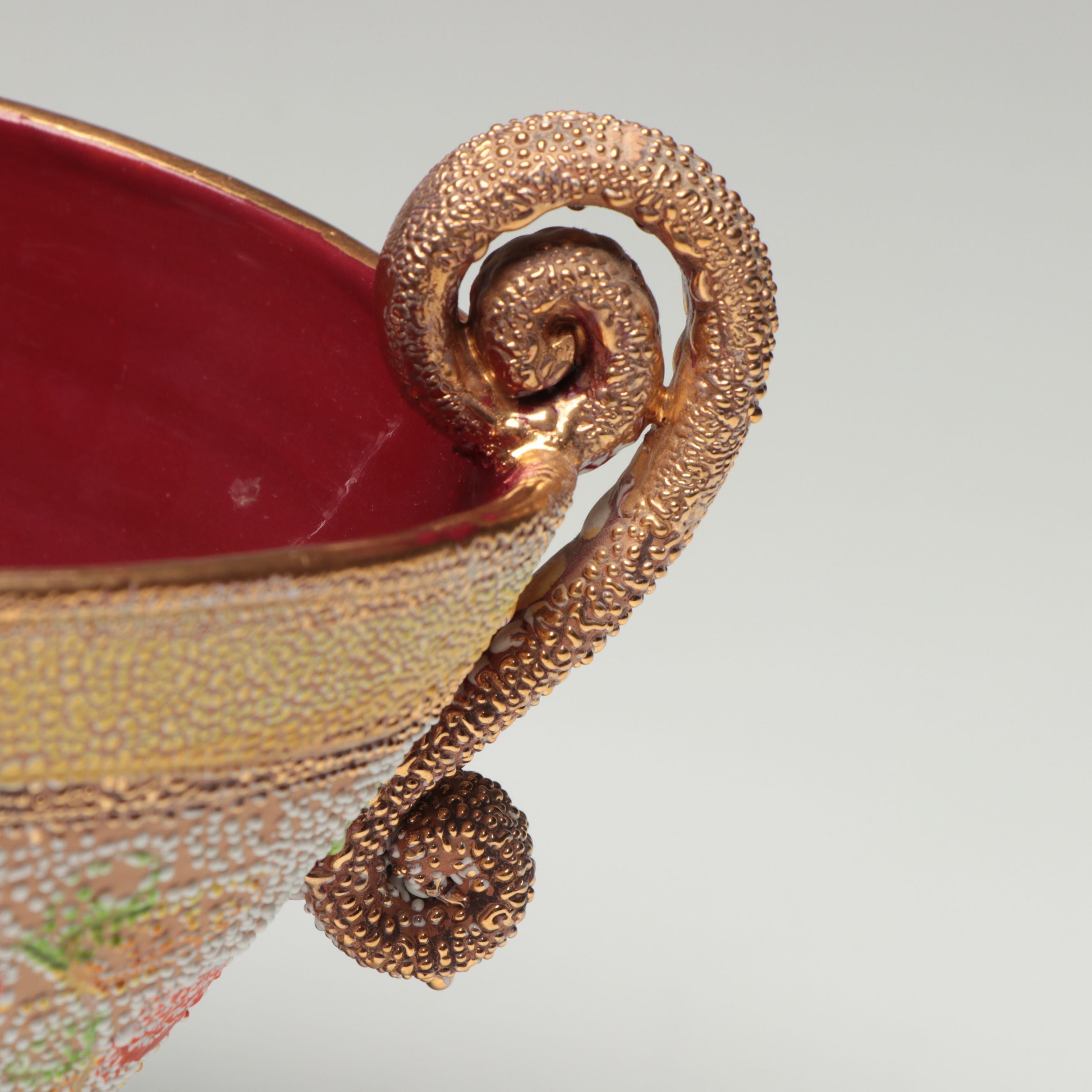 Japanese Ceramic Moriage Accented Double Handled Bowl, Early to Mid-20th Century