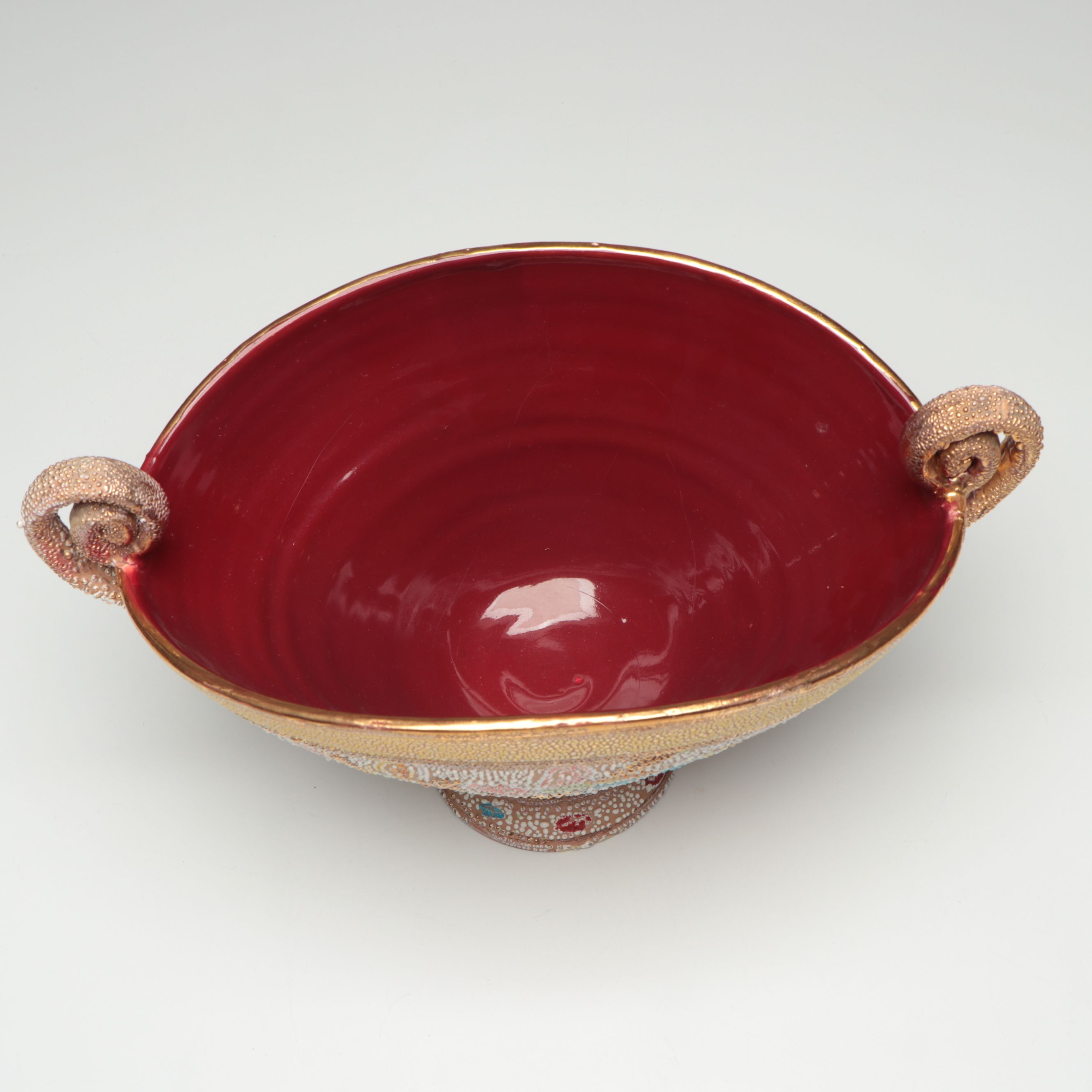 Japanese Ceramic Moriage Accented Double Handled Bowl, Early to Mid-20th Century
