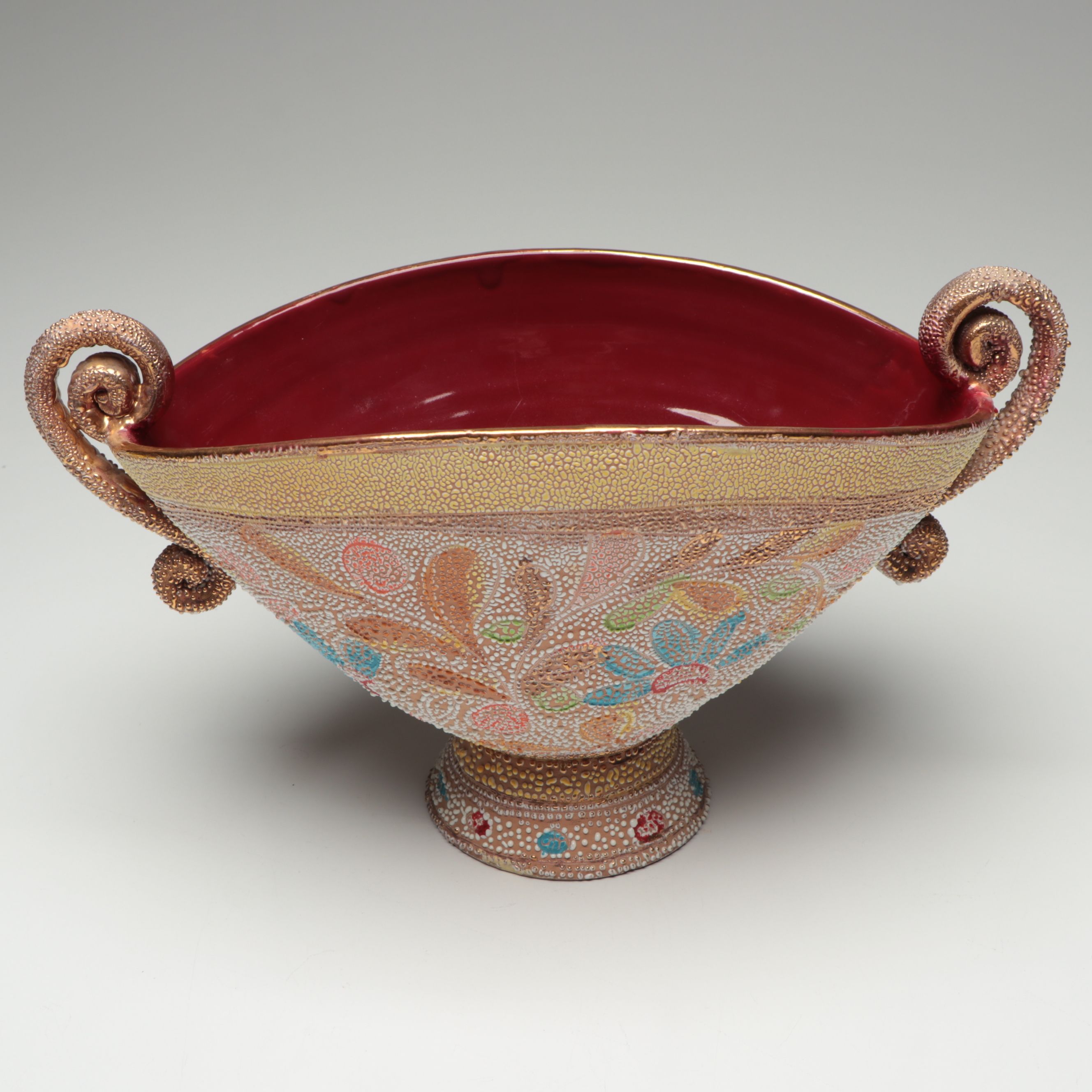 Japanese Ceramic Moriage Accented Double Handled Bowl, Early to Mid-20th Century