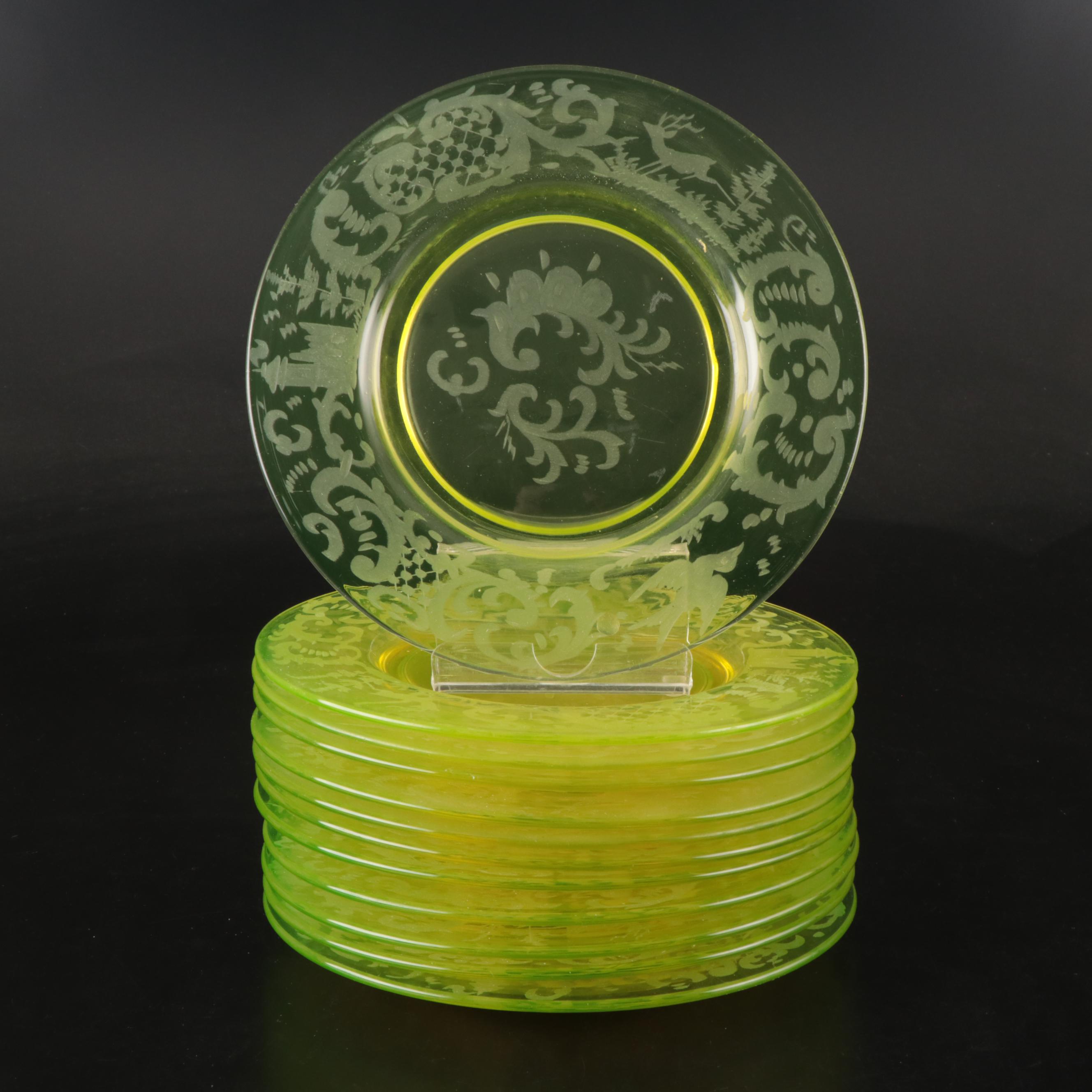 Egermann Style Etched Uranium Glass Plates, Early to Mid-20th Century