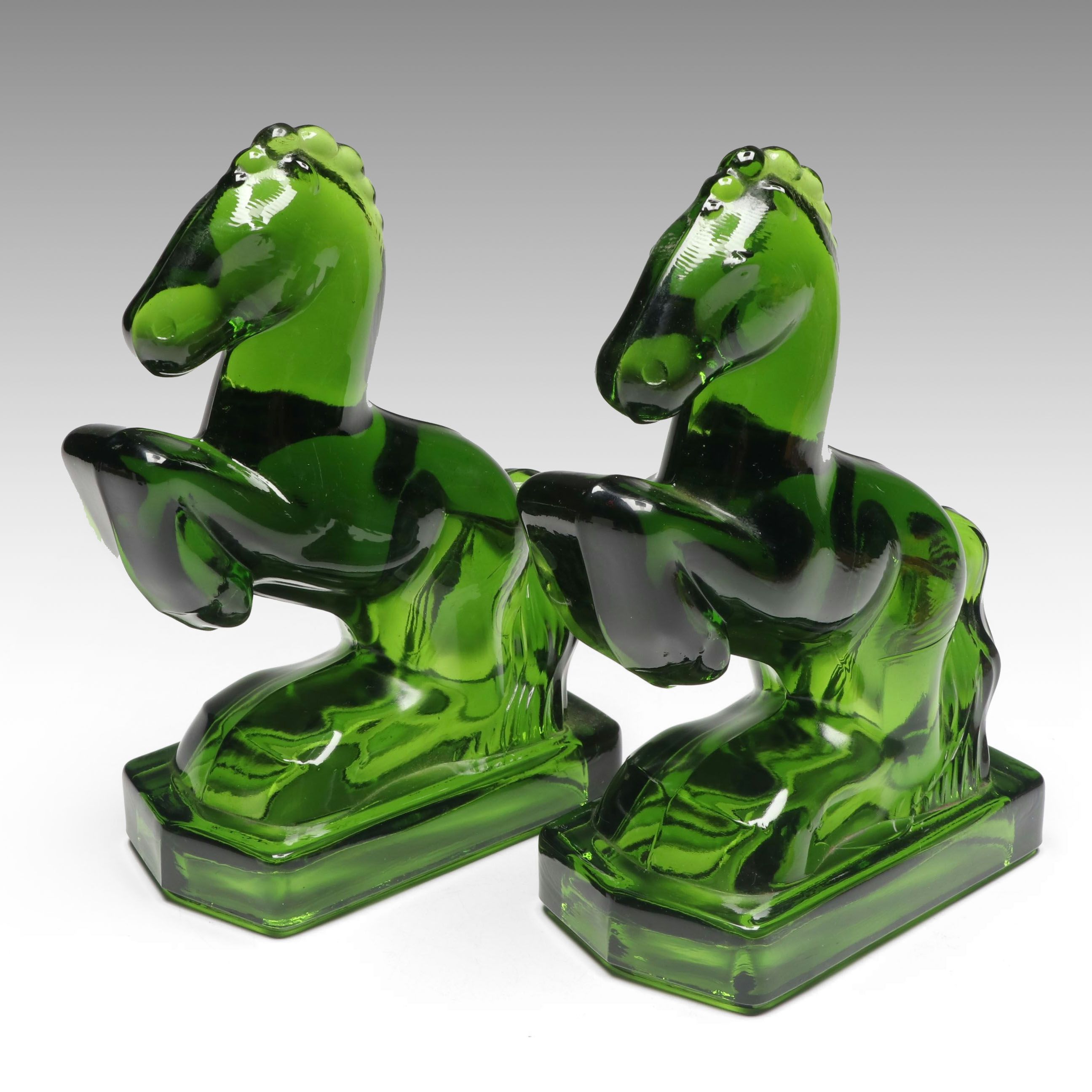 L.E. Smith Green Glass Rearing Horse Bookends, Mid-20th Century