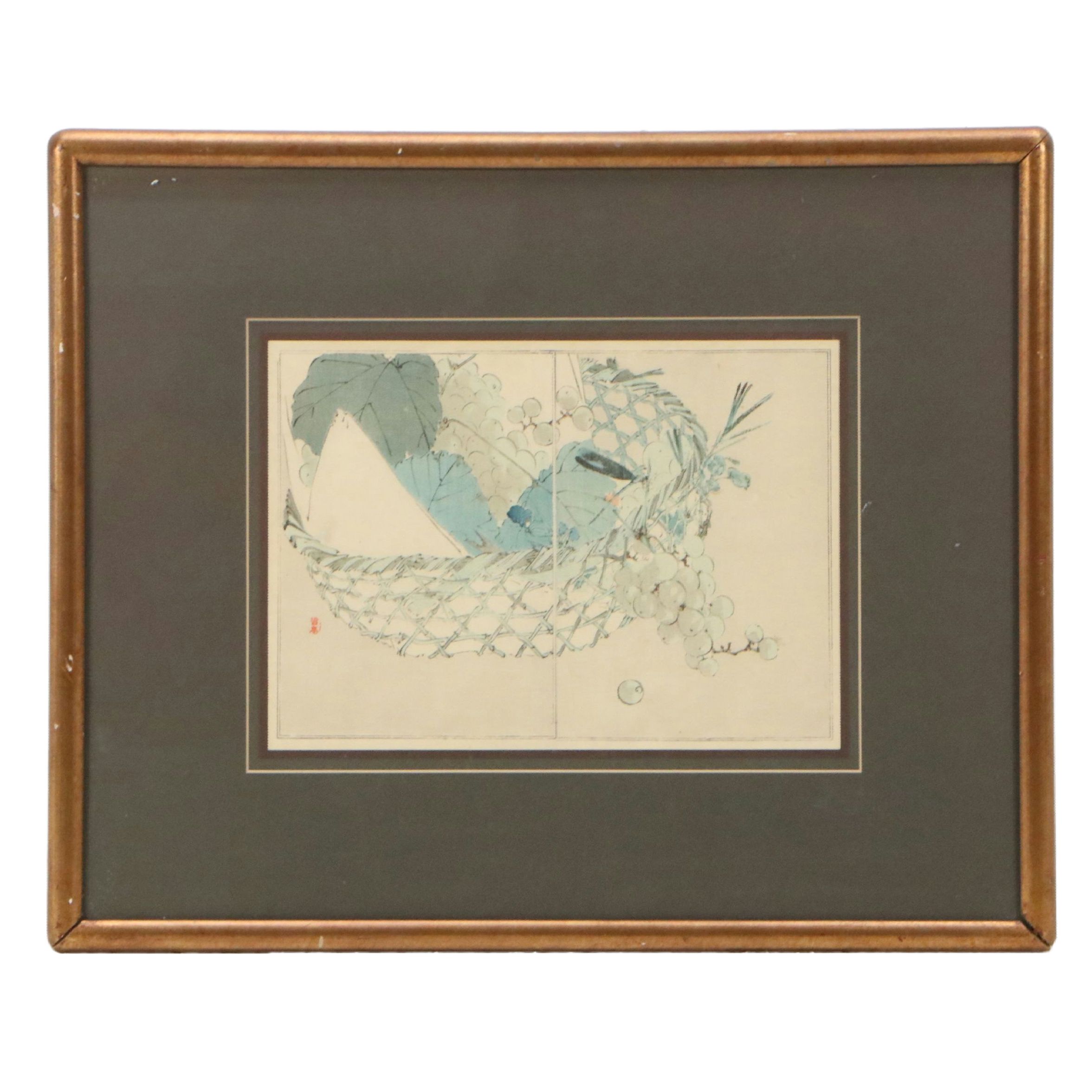 Watanabe Shōtei Ukiyo-e Woodblock Print of Dragonfly on Fruit Basket